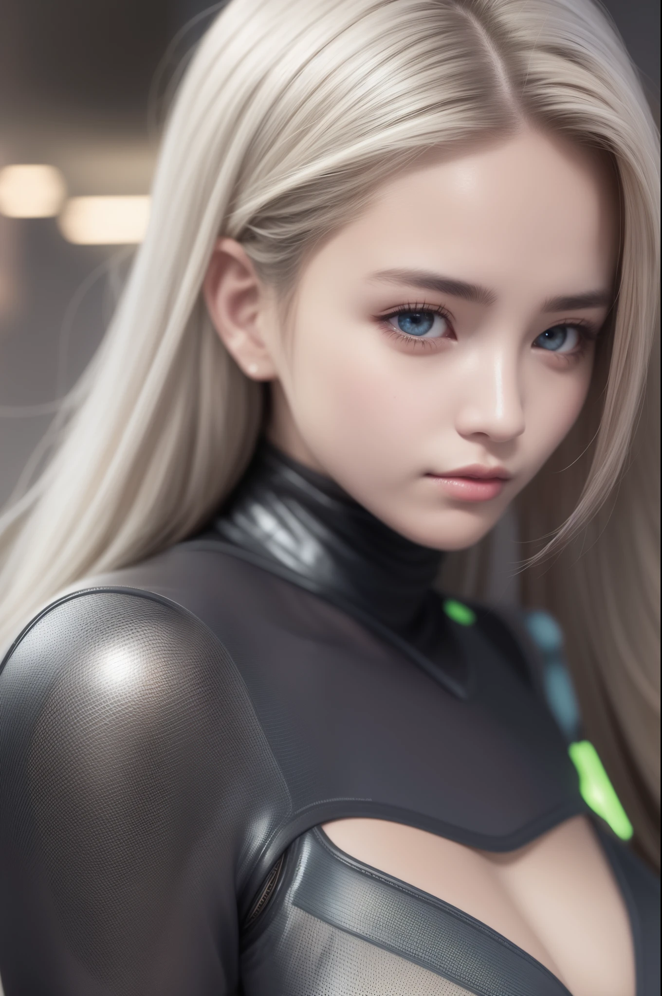 top-quality、8K Masterpiece、超A high resolution、(Photorealsitic:1.3)、Raw photo、1人、silver white hair、glowy skin、1 Cyberpunk Super Beautiful Soldier、((super realistic details))、portlate、globalillumination、Shadow、octan render、8K、ultrasharp、beauty breast、Raw skin is exposed in cleavage、metals、cold color、、highly intricate detail、Realistic light、CGSoation trend beautiful eyes、Eyes shining towards the camera、neon details、