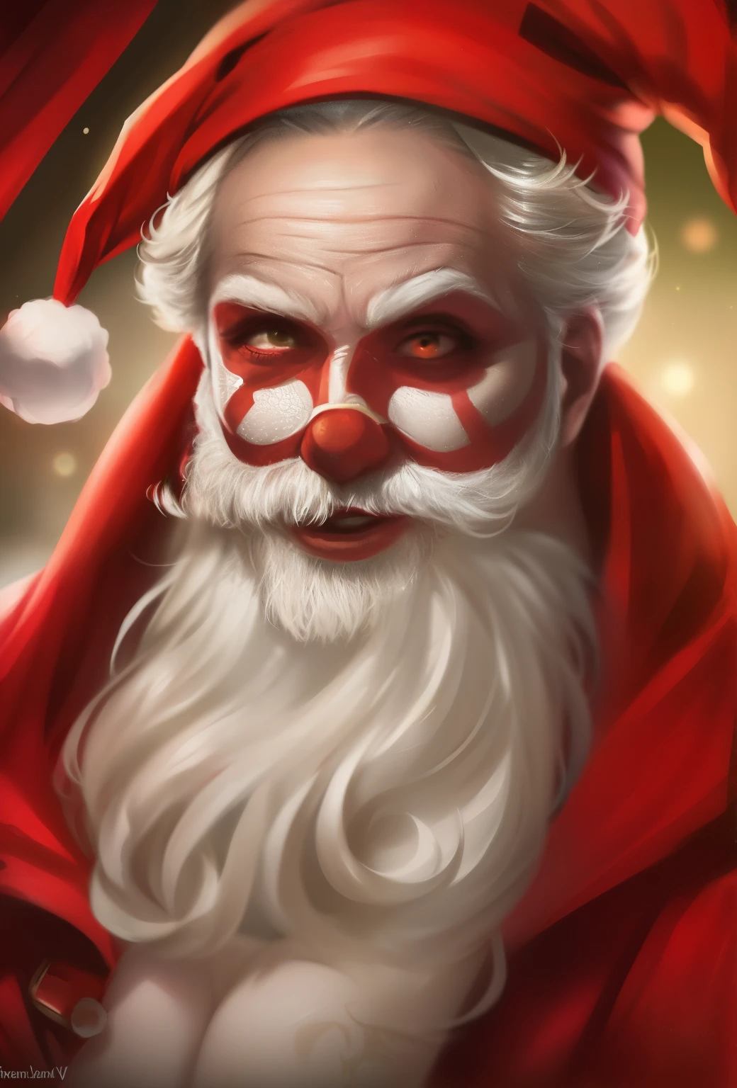 clown with red and white makeup and a red cape, Santa, portrait death clown, cutecore clowncore, trending on artstation 4k, Santa claus, How trending on ArtStation, communist clown portrait, zany, Popular on ArtStation HD, Author: Daarken, wojtek fus, clown, Popular on ArtStationHQ, Fan art