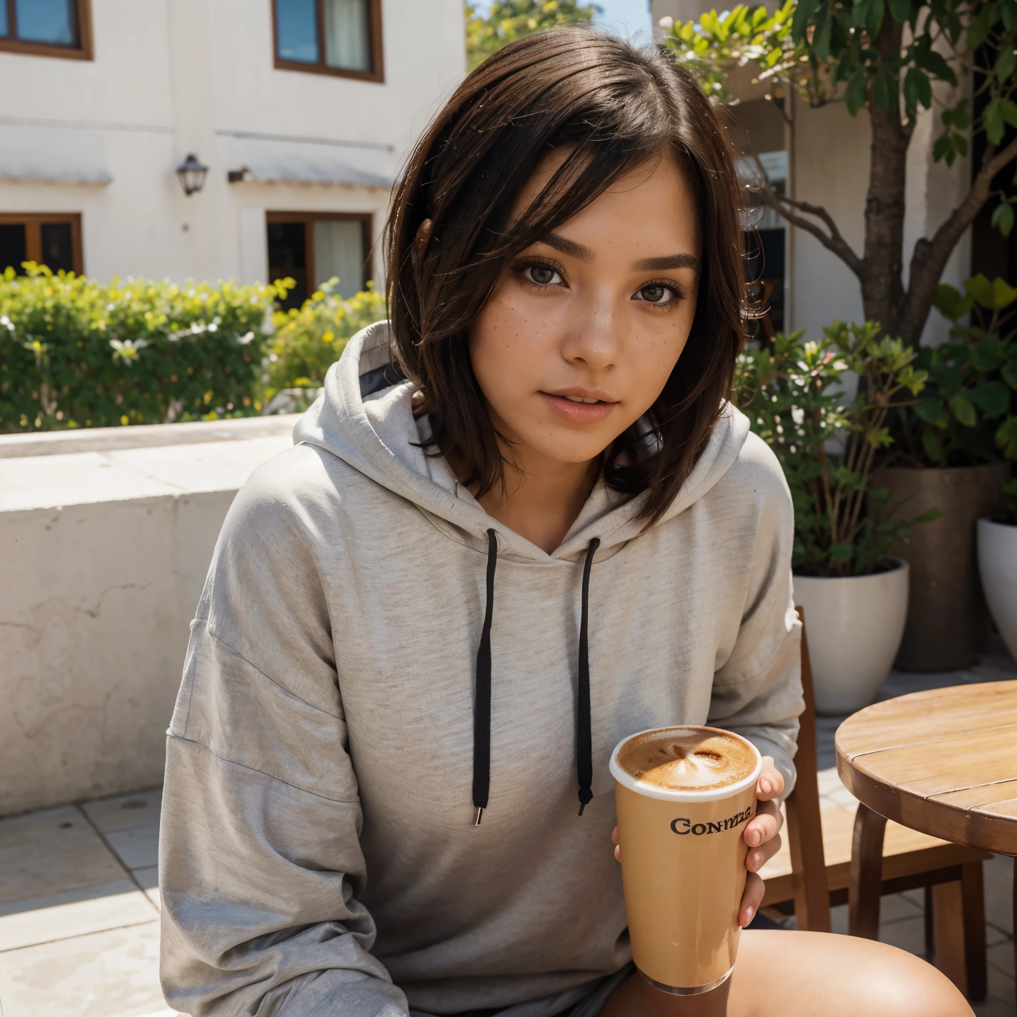 creates a woman brunette, brunette skin, brown eyes, black- short hair , medium-length hair. she is wearing hooded sweatshirt white colour ,she has some freckles in her nose, full body view, brown eyes. sensual mouth. she is having a coffee in a terrace of Providencia, Santiago of Chile . shot with Sony Alpha a9 II and Sony FE 200-600mm f/5.6-6.3 G OSS lens, natural light, hyper realistic photograph, ultra detailed,, ultradetailed skin , detailer finger