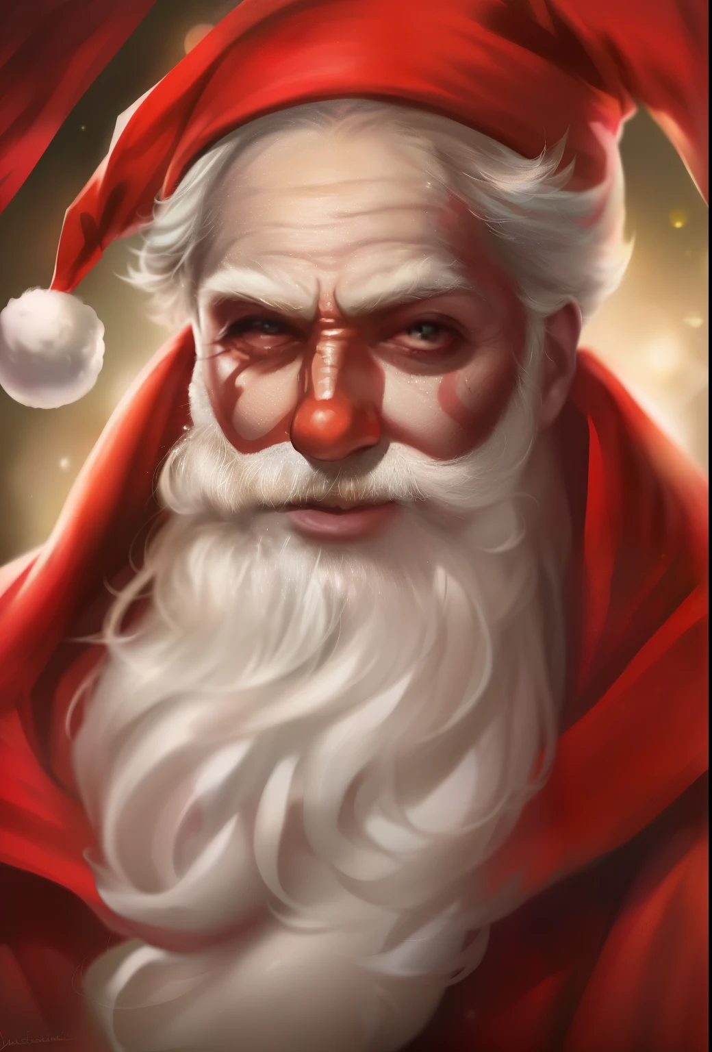 clown with red and white makeup and a red cape, Santa, portrait death clown, cutecore clowncore, trending on artstation 4k, Santa claus, How trending on ArtStation, communist clown portrait, zany, Popular on ArtStation HD, Author: Daarken, wojtek fus, clown, Popular on ArtStationHQ, Fan art