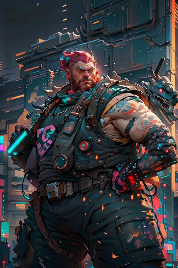 Extreme long shot, high angle shot, character Carlson man with airplane propeller on his back, obese build and big belly and cheeks, red hair, Wearing leather vest, Mechanical leg, Mechanical prosthetic arm, Cyberpunk style, flying over night city with Cyberpunk skyscrapers, super fast lens, pink and green neon, Astrid Lindgren character, cinematic hbo, highly detailed, 8k, free flight scene, it's raining