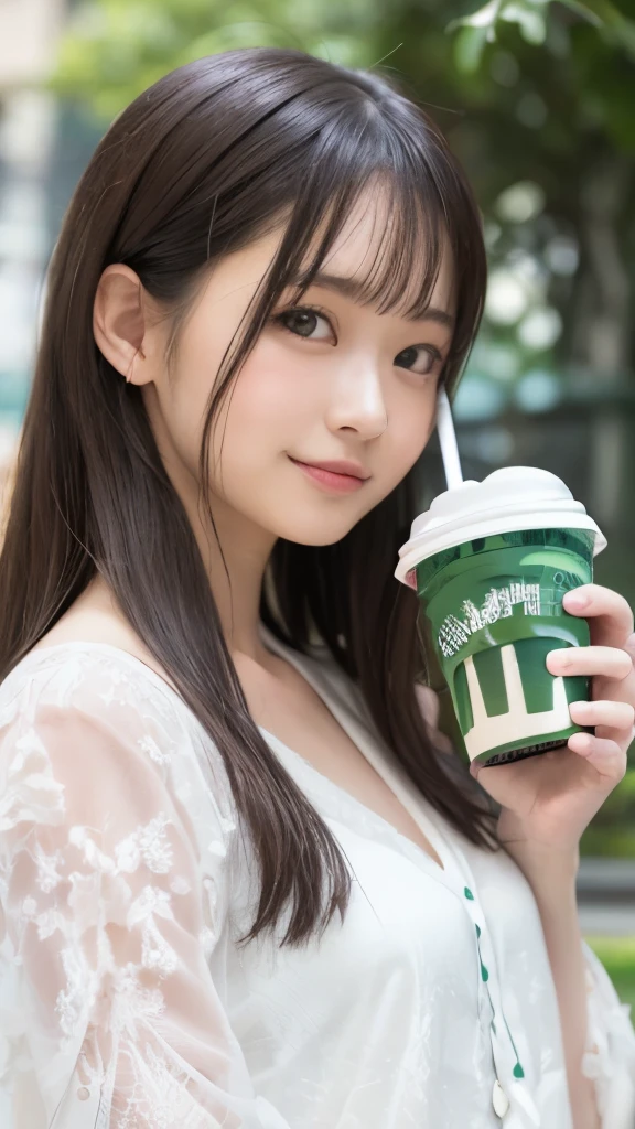 Smile、(((holding a frappuccino in one hand))), The background is a café terrace, natta、Raw photography、(((Ultimate Beauty Portrait)))、((glistning skin))、1 girl、Japanese 25 year old beautiful girl、bright expression、((brown haired))、elegant dressed、 ((Big eyes that shine like jewels))、open cardigan、Glossy glossy skin、(Medium Hair)、(Silky Ponytail Hair)、(is standing)、(frombelow)、Under the skirt、(frombelow下着の接写)、eye liner、Beautiful bangs、Hair between the eyes、((masterpiece、最hightquality、ultra-detailliert、Film Light、intricate-detail、hight resolution、ighly detailed))、细致背景、8KUHD、Digital SLR、Soft light、hightquality、Film grain、FujifilmXT3 、Shallow depth of field、natural soft light、Kamimei、Lush bust