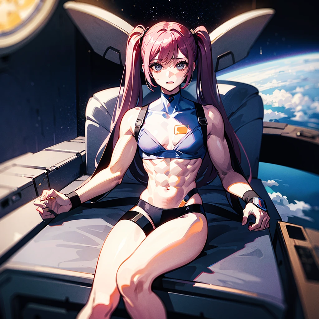 (((masterpiece)))、(((Top image quality)))、(((top-quality)))、((Illustration of one adult))、full bodyesbian、((25-years old))、((25-years old))、(((The face is a woman、The body is a man)))、(((Twintails with pink hair)))、Light gray eyes、((Tall))、((Flat))、((Muscular strong man's body))、((Muscular strong man's body))、(((solid chest)))、((muscular chest plate))、abdominals、((muscular and thick arms))、((muscular and thick legs))、((manspreading))、(((White pilot suit)))、((Sitting in the cockpit))、(The Universe on the Monitor、Earth seen from space、Spaceport)