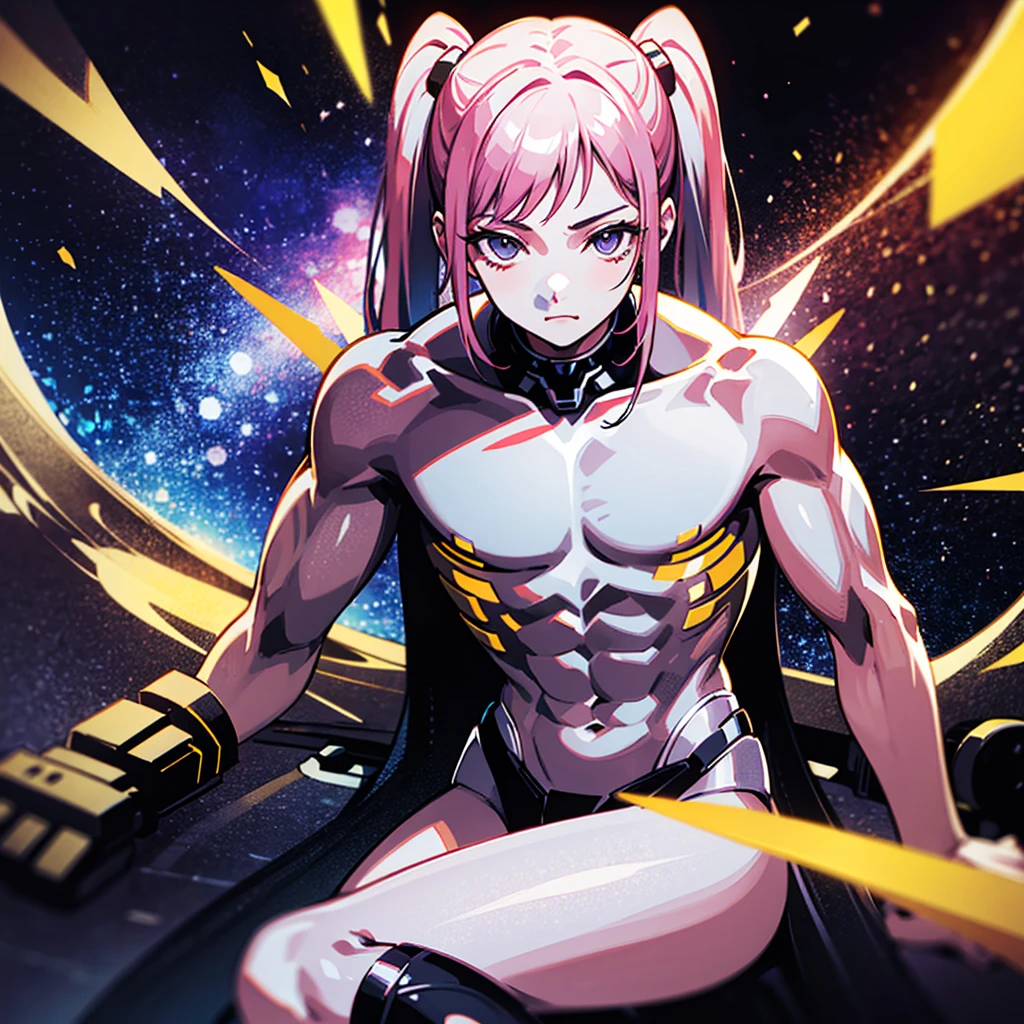 (((masterpiece)))、(((Top image quality)))、(((top-quality)))、((Illustration of one adult))、full bodyesbian、((25-years old))、((25-years old))、(((The face is a woman、The body is a man)))、(((Twintails with pink hair)))、Light gray eyes、((Tall))、((Flat))、((Muscular strong man's body))、((Muscular strong man's body))、(((solid chest)))、((muscular chest plate))、abdominals、((muscular and thick arms))、((muscular and thick legs))、((manspreading))、(((White pilot suit)))、((Sitting in the cockpit))、(The Universe on the Monitor、Earth seen from space、Spaceport)