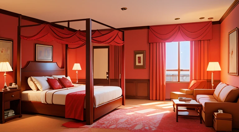 bedroom, with curtains, large kind size bed, chair, table, lamp, window, carpet, in red variations, top quality, five star hotel, deluxe