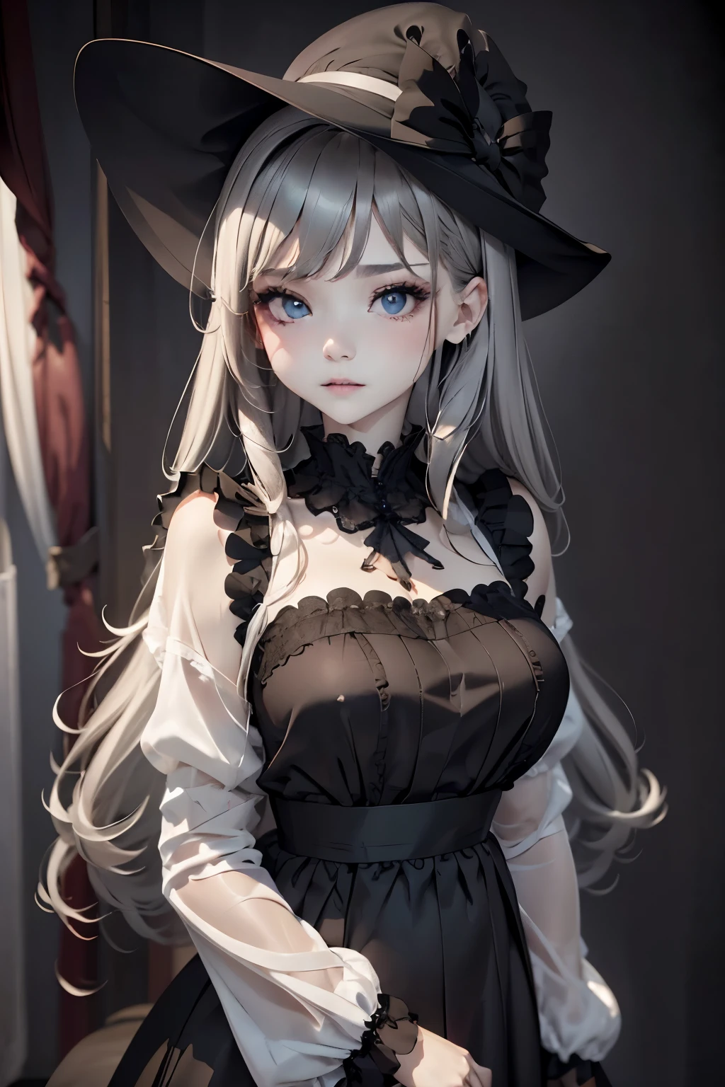parfect anatomy、top-quality、masuter piece、ultra-detailliert、8k、years、Correct depiction of the human body、Full Body Angle、Delicately drawn face、Detailed eyes,Beautiful eyes、Infinitely clear eyes、Pretty face woman、Gothic Lolita Fashion、Black Gothic Lolita Fashion、Black and white costume、Beautiful silky silver hair:1.5、Red big hair ornament、Red ribbon hair ornament、Red big hair ornament、Standing、Front Angle、Full Body Angle、(((blurry backround:1.5、Photography Studio、greybackground:1.5、greybackground、greybackground、greybackground、greybackground、Film Lighting、Professional Photographer)))