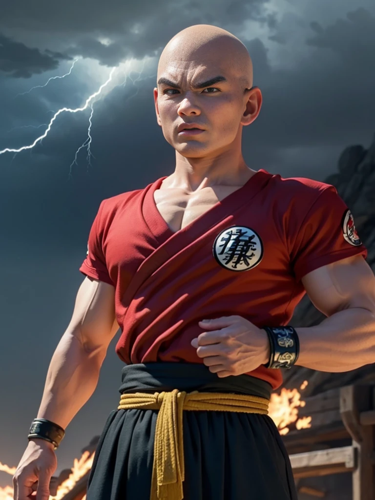 masterpiece, best quality), intricate detail, 8k, art station, wallpaper, official art, splash art, storm in the background, sharp focus, 1boy, (photorealistic:1.2) (bokeh) (best quality) (detail skin:1.3) (intricate detail) (8k) (detailed eyes) ( krillin ,black hair,red shirt, battle damage, bald head  , red sash, black eyes, male focus,, solo,  , bracelet,