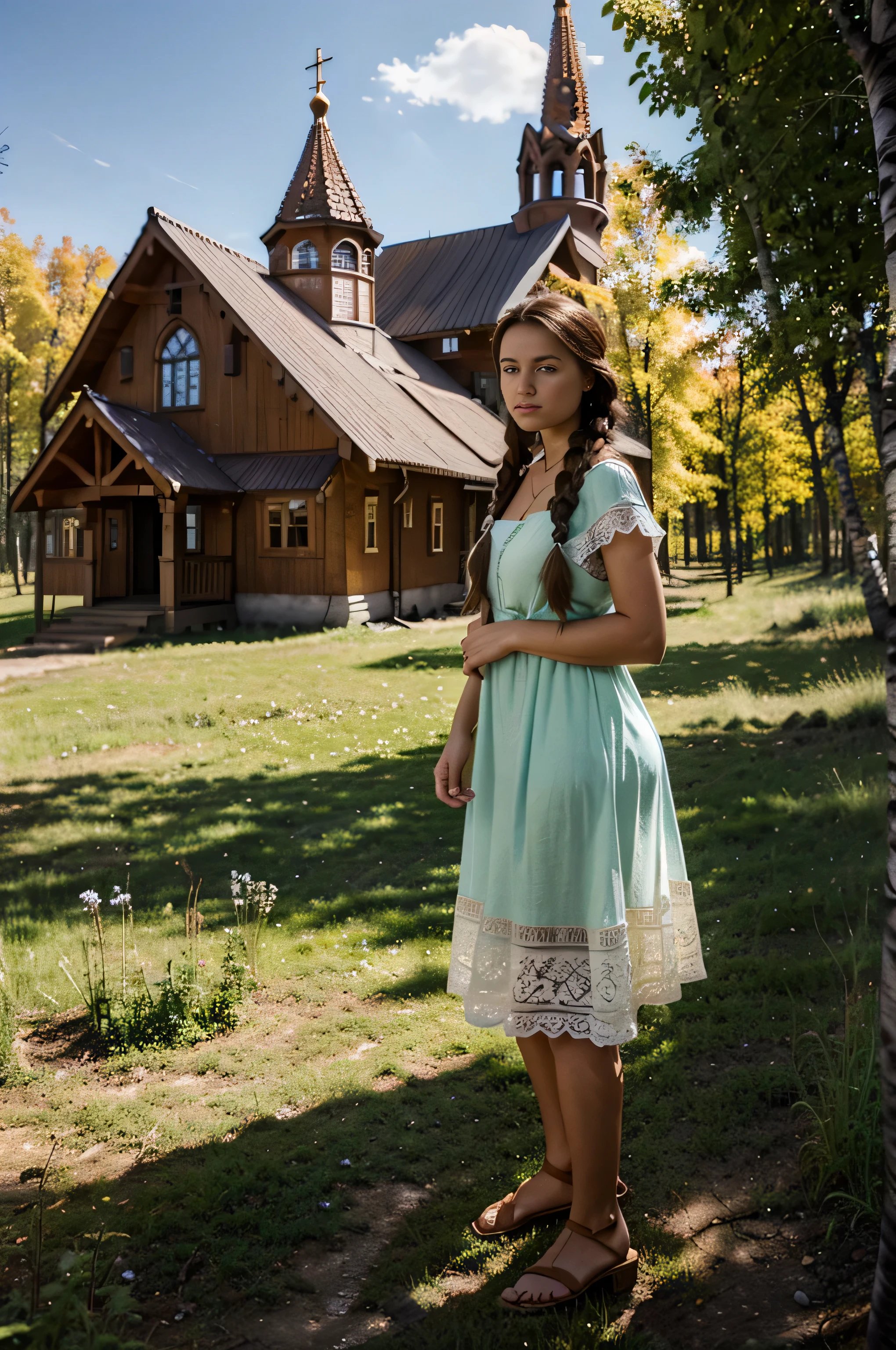 woman of average build in a colorful shawl, light sundress and sandals, with brown hair, braided in a big braid., stands against the backdrop of birches and a Russian church in a meadow