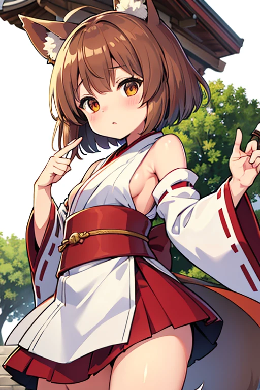 light brown hair, short-hair, Fox ears, shrine maiden clothe, white background, no backgrownd, No ears