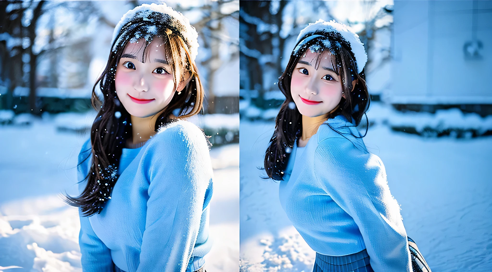 Cute high school girl 18 years old wearing a light blue miniskirt、The background is snow outdoors
