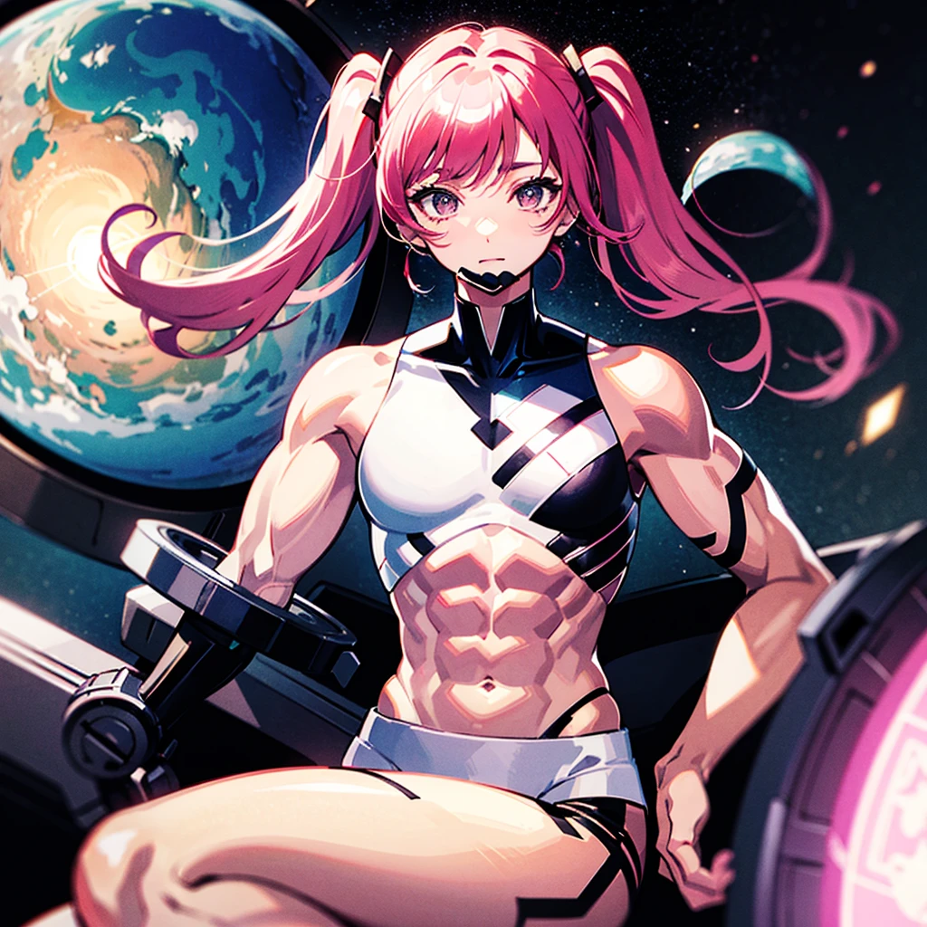 (((masterpiece)))、(((Top image quality)))、(((top-quality)))、((Illustration of one adult))、full bodyesbian、((25-years old))、((25-years old))、(((The face is a woman、The body is a man)))、(((Twintails with pink hair)))、Light gray eyes、((Tall))、((Flat))、((Muscular strong man's body))、((Muscular strong man's body))、(((solid chest)))、((muscular chest plate))、abdominals、((muscular and thick arms))、((muscular and thick legs))、((manspreading))、(((White pilot suit)))、((Sitting in the cockpit))、(The Universe on the Monitor、Earth seen from space、Spaceport)