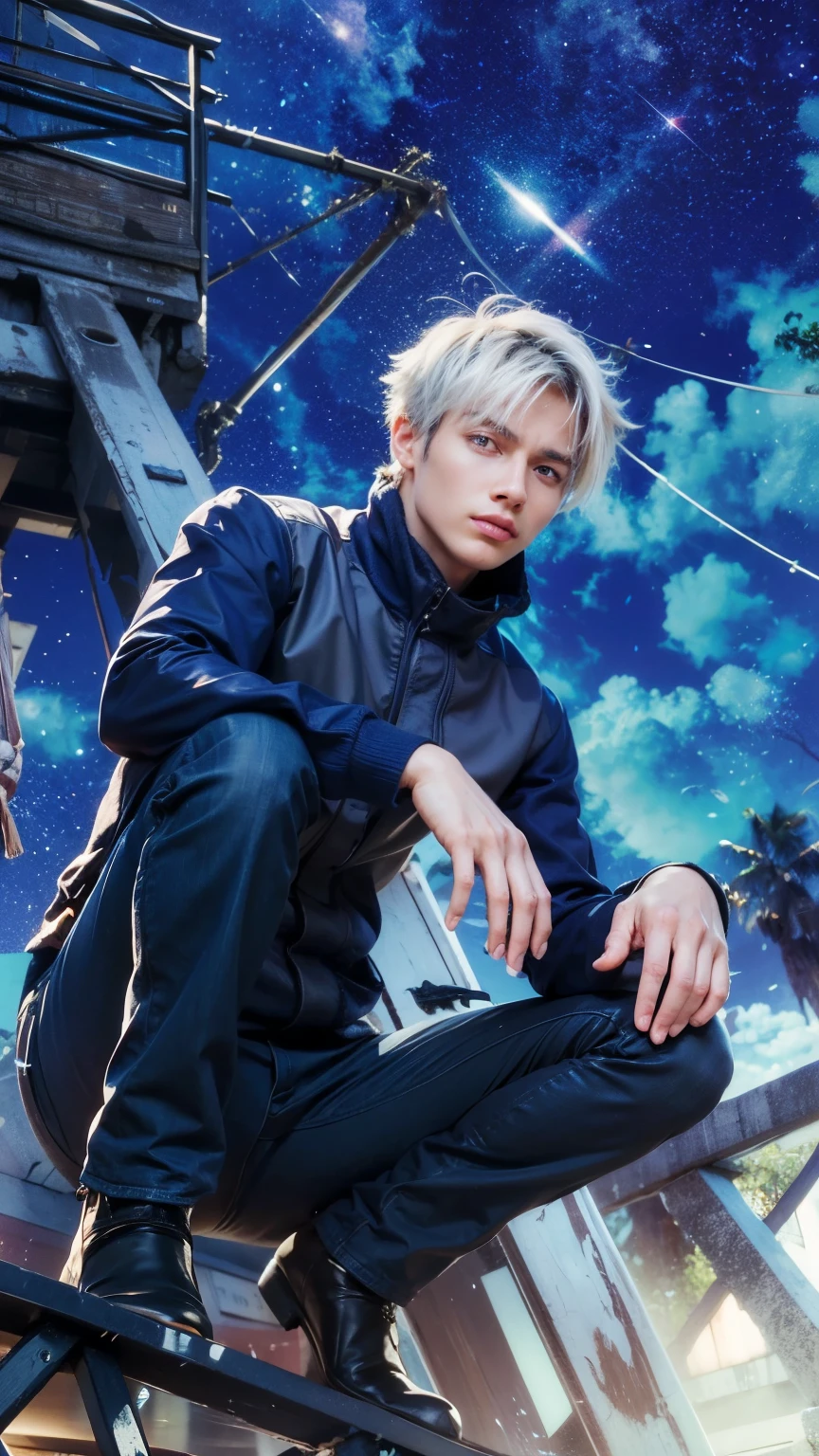 A very handsome young man, gojo saturo, blue eyes, , white hair, , high resolution, real person, real, life real character