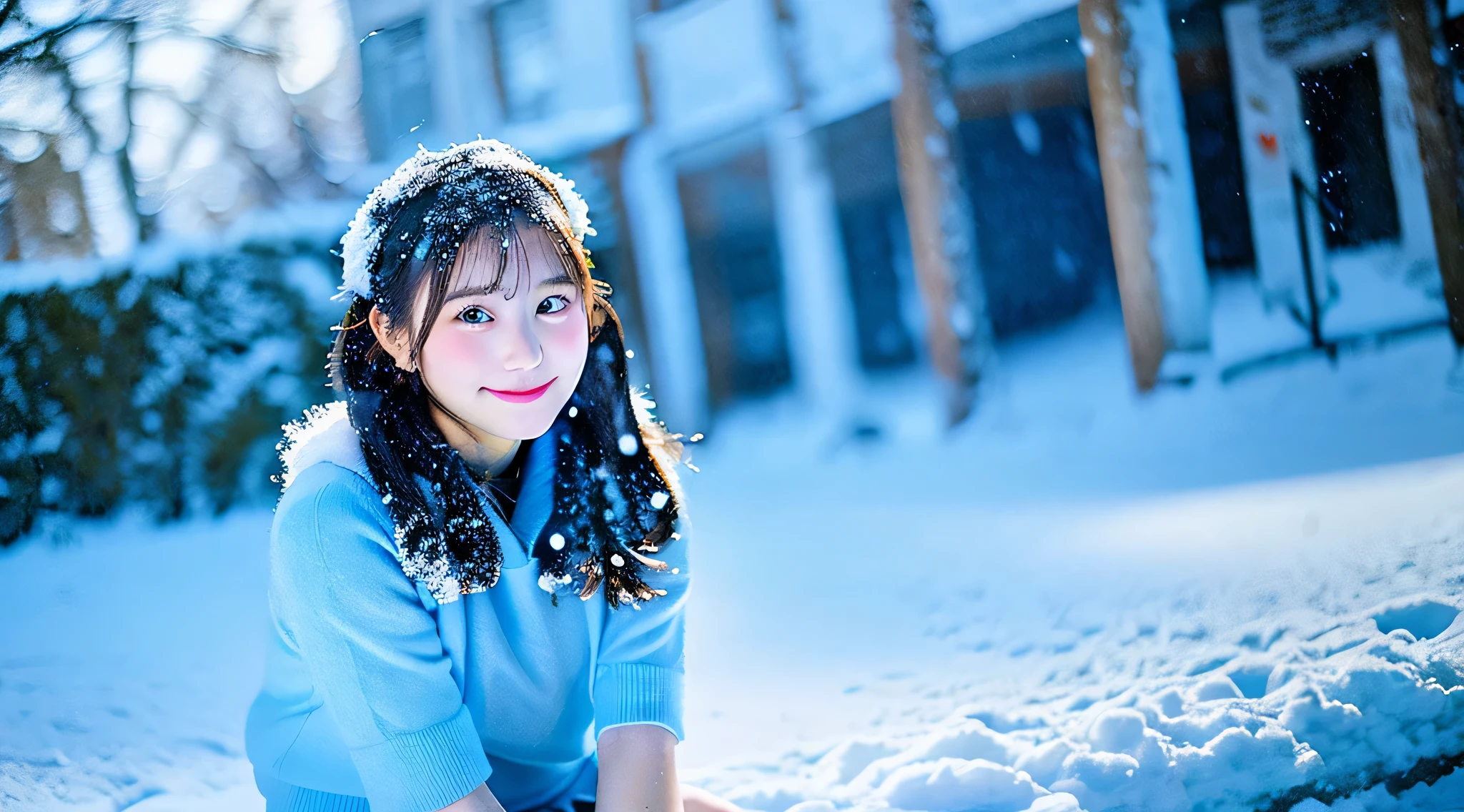 Cute high school girl 18 years old wearing a light blue miniskirt、The background is snow outdoors