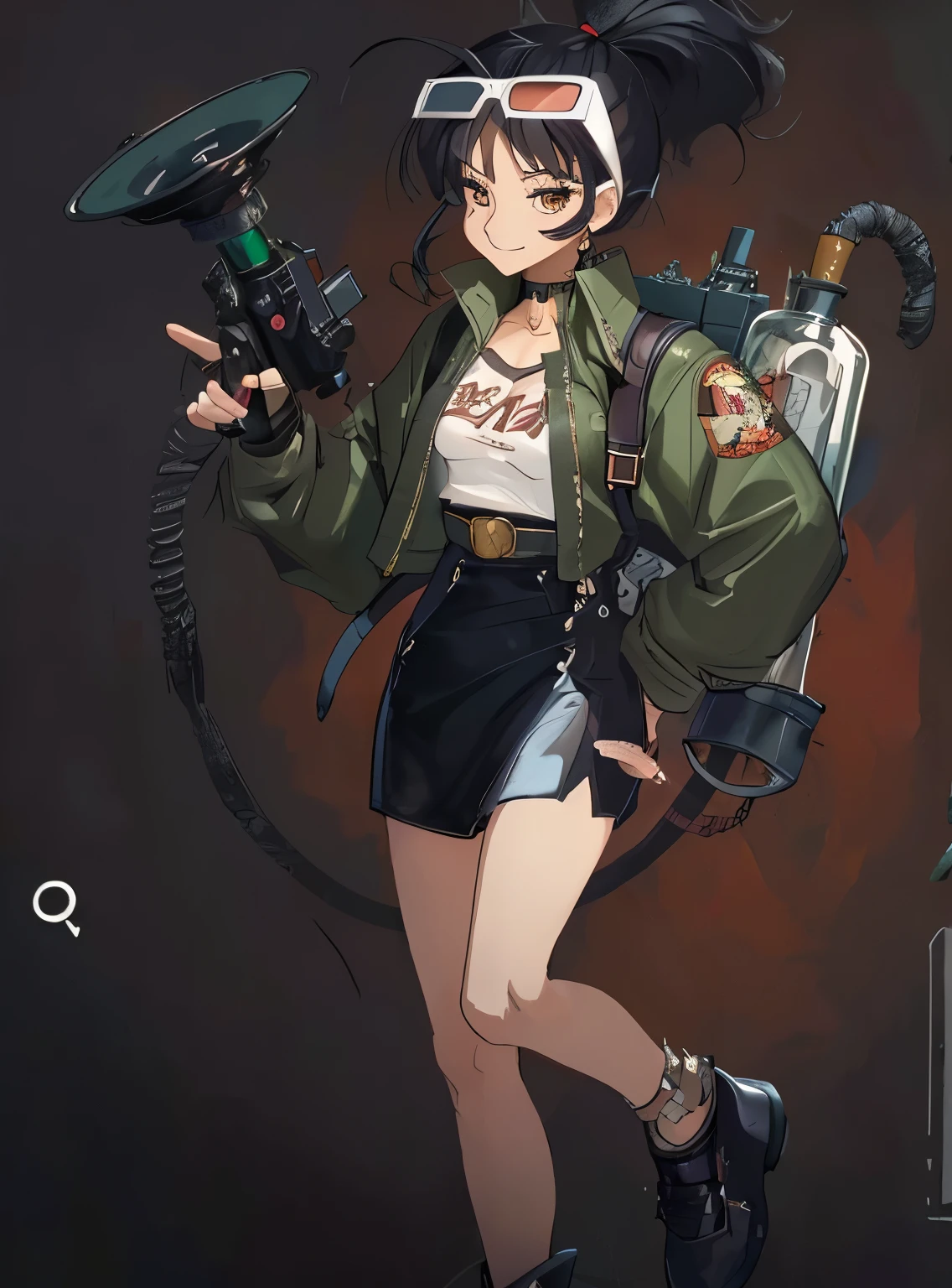 (tmasterpiece, Best quality at best;1.3), The is very detailed ,ultra - detailed,  1个Giant Breast Girl,Alone,  Single horsetail, lusty  smile, Up(RX78), scientific fiction, Black hair, Alone, hair adornments, long whitr hair, Amber eyes , 耳Nipple Ring, looking at viewert, Miniature miniskirt,  Bust photo, tee shirt, flatchest