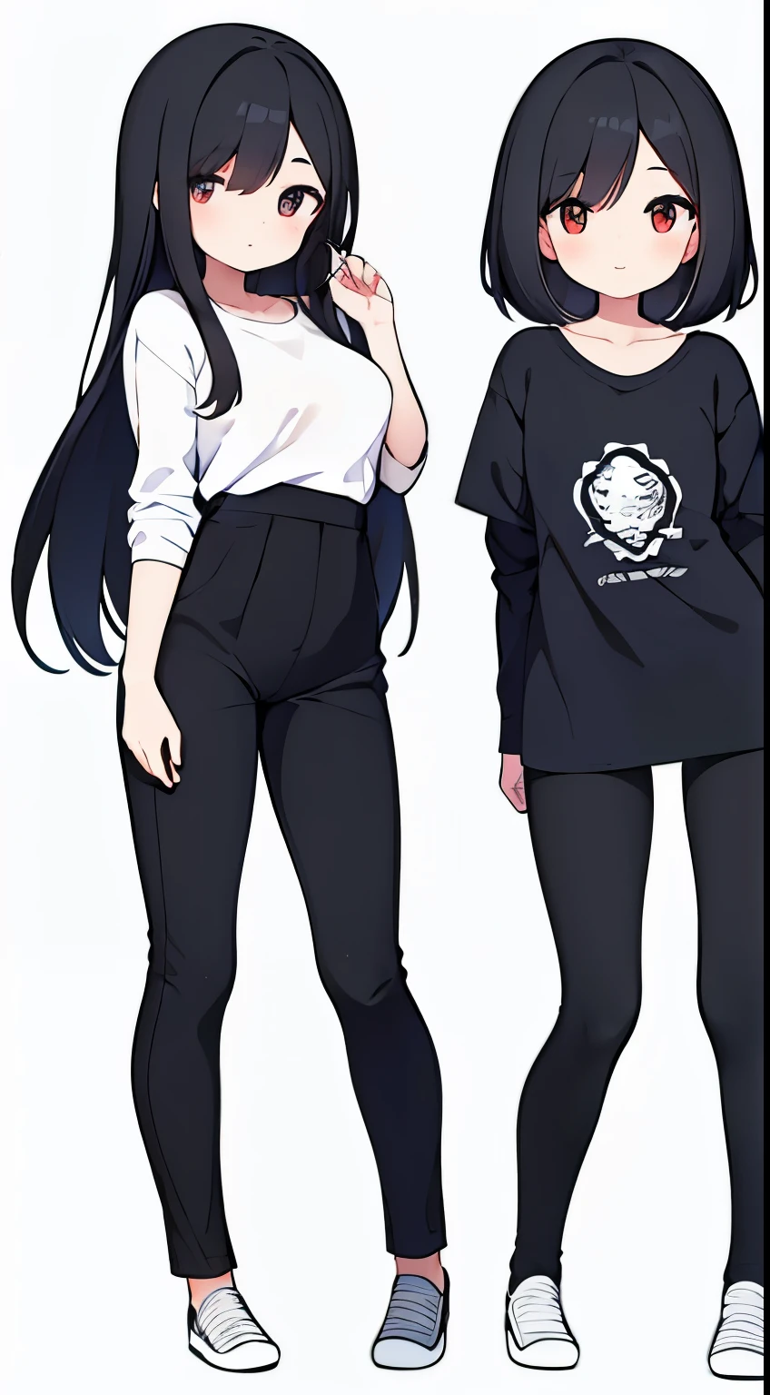 One girl with black hair, hair length until bust, straight hair, hair parted in center of head, round face. hairstyle with a center part, that the hair should be parted down the middle, creating a symmetrical look without any frontal hair covering the forehead. Looking straight. Looking straight at viewers. Smiling. Happy. Wearing casual shirt. Straight pose. Frontal view. Standing. Standing. Full body