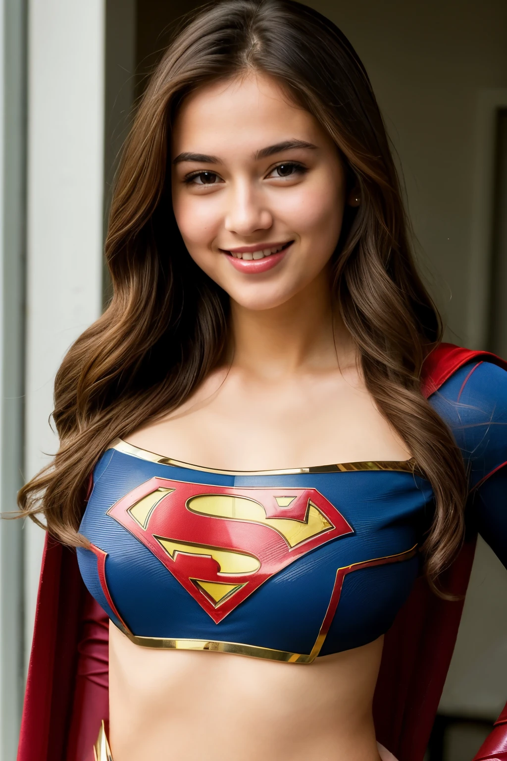 ((best quality)), ((masterpiece)), (detailed), perfect face, 1girl, cute, use supergirl wear, sexy, open half breast, cluster, shiny, half body view, smile