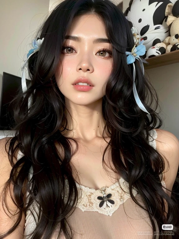 Mujer arafed con largo cabello negro y un lazo azul., ulzzang, Hermosa joven coreana, Chica coreana, Hermosa mujer surcoreana, Hermosa joven coreana, Taejune Kim, Wan adorable cara coreana, cruel korean goth girl, Joven y adorable rostro coreano, con el pelo largo and piercing eyes, con el pelo largo, Jaeyeon Nam, maquillaje popular de Corea del Sur