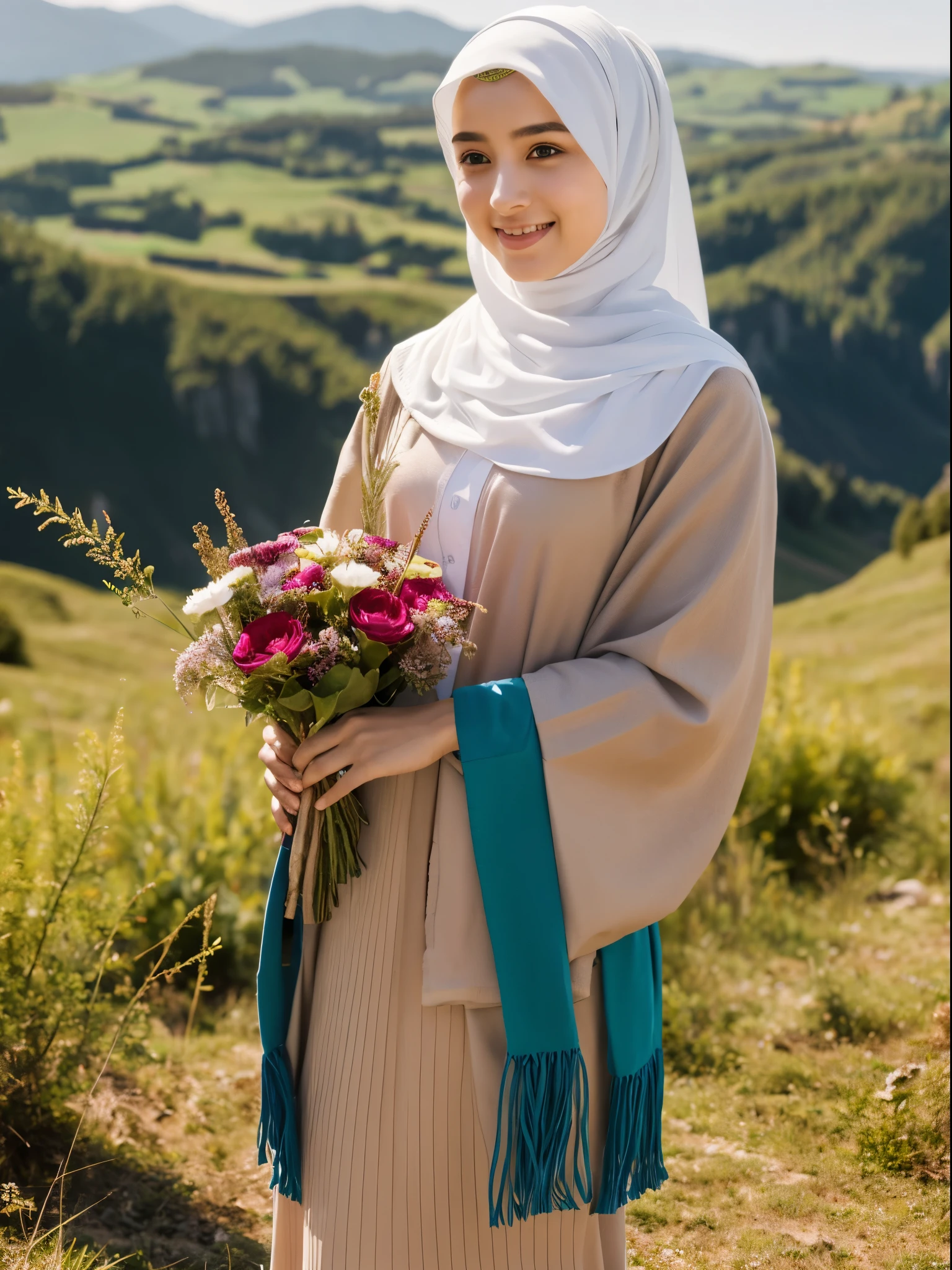 middle eastern girl, hijab, gamis, mountain