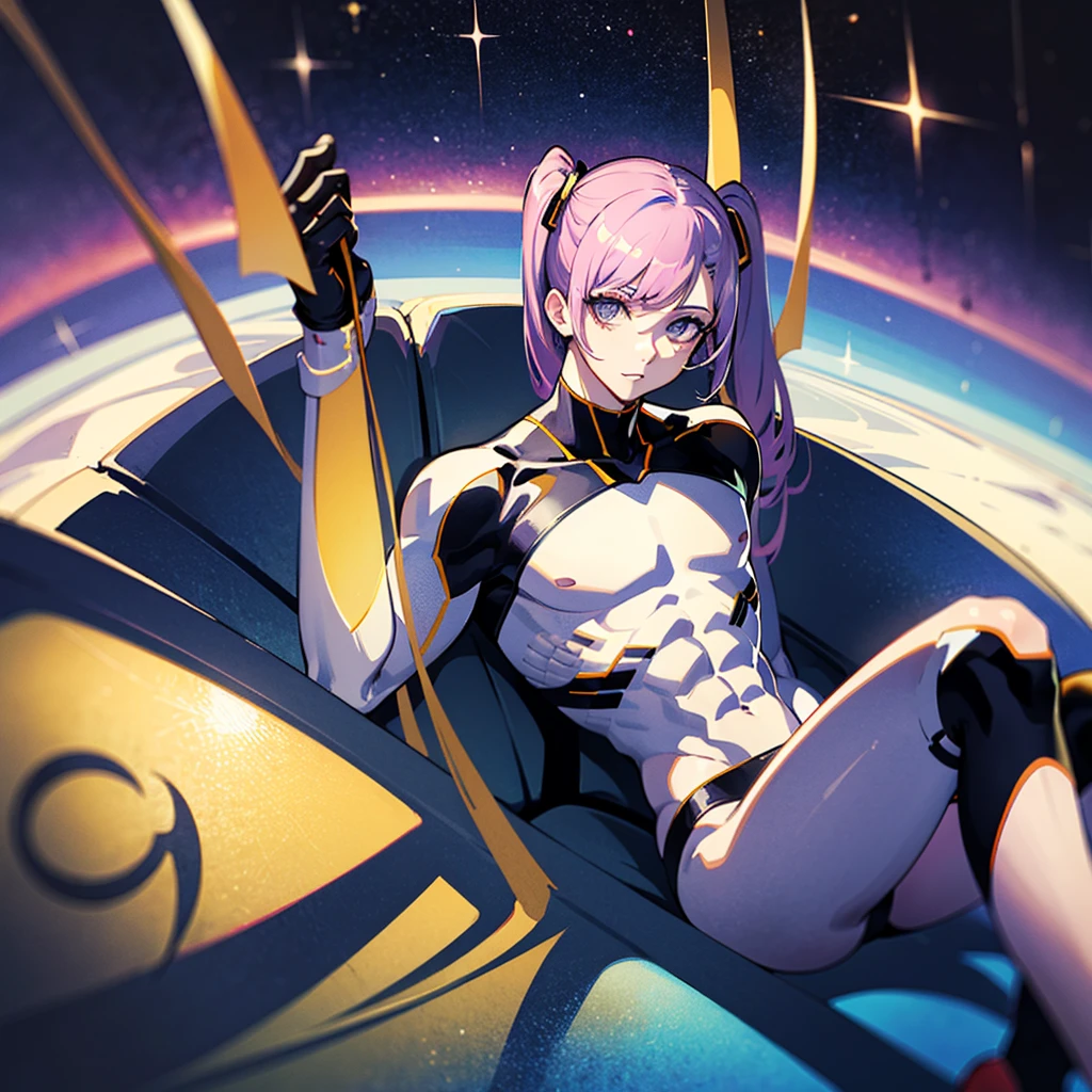 （（（​masterpiece）））、（（（Top image quality）））、（（（top-quality）））、（（Illustration of one adult））、（（25-years old））、（（25-years old））、（（（The face is a woman、The body is a man）））、（（（Twintails with pink hair）））、Light gray eyes、（（Tall））、（（Flat））、（（Muscular strong man's body））、（（Muscular strong man's body））、（（（solid chest）））、（（muscular chest plate））、abdominals、（（muscular and thick arms））、（（muscular and thick legs））、（（manspreading））、（（（White pilot suit）））、（（Sitting in the cockpit））、（The Universe on the Monitor、Earth seen from space、Spaceport）