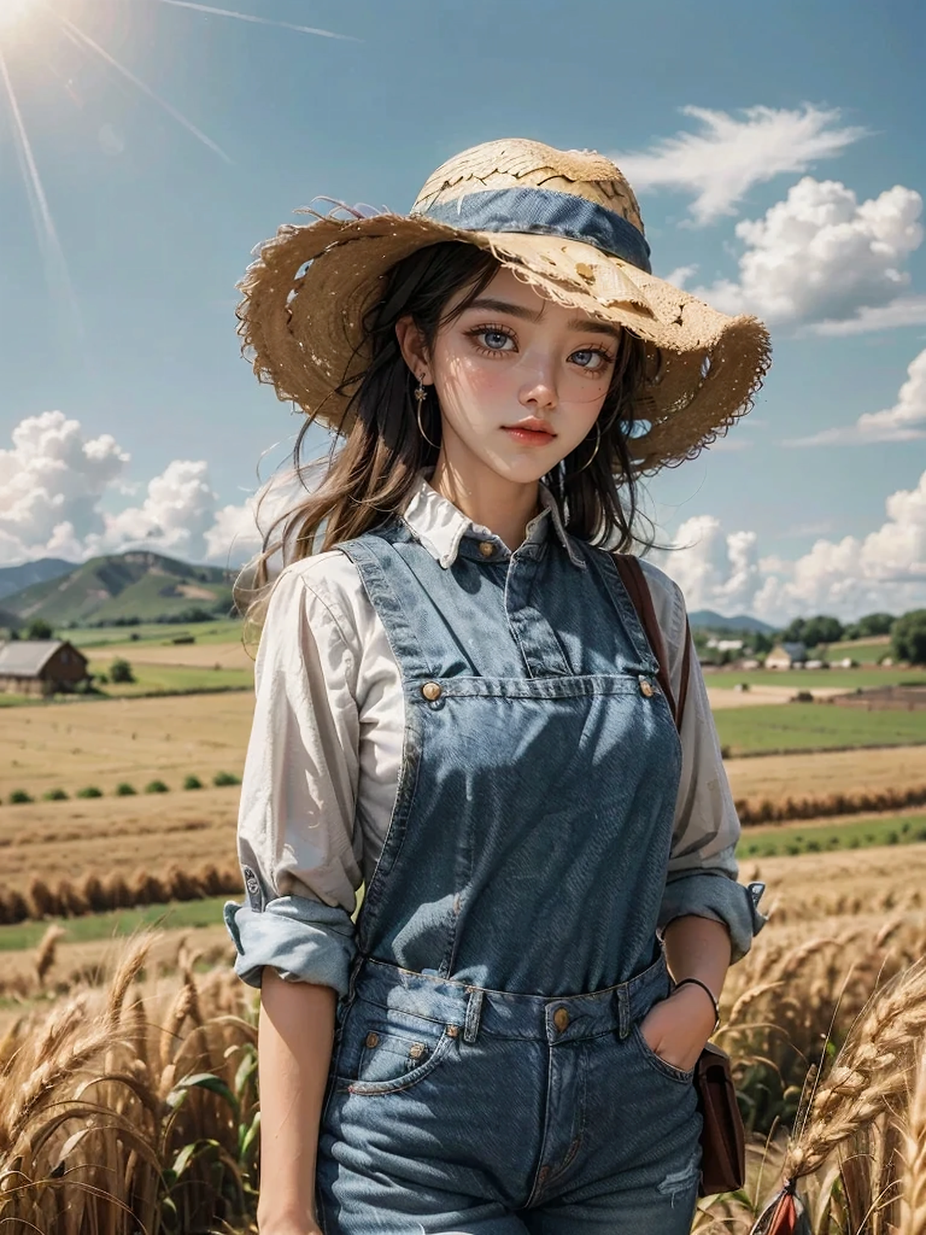 best quality, 8k, UHD, highres, masterpiece, ultra-detailed, realistic, photorealistic, photo-realistic, portrait, 1woman, long hair, farmer, hat, farm
