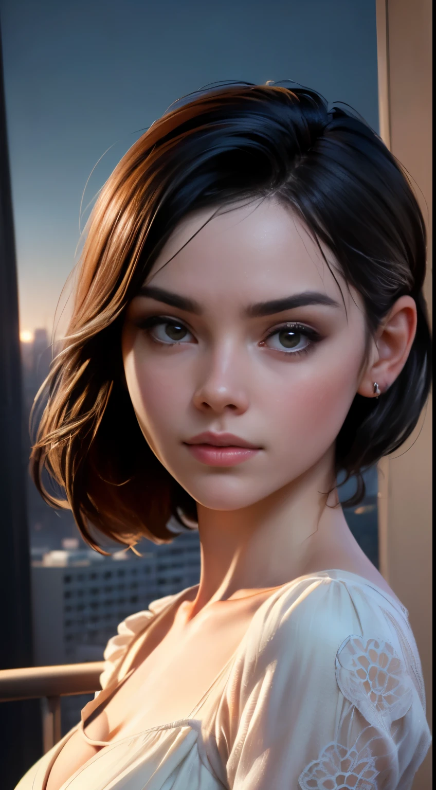 photo of Daisy Ridley, RAW, beautiful woman, ((portrait)), ((detailed face:1.2)), ((detailed facial feature, detailed skin, clear skin), (perfect proportioned body, medium breasts), (wearing a wrapped dress) (high detailed city environment, apartment balcony), (realistic photo, best quality, detailed), (8k wallpaper), (cinematic lighting, dramatic lighting) (sharp focus, intricate)