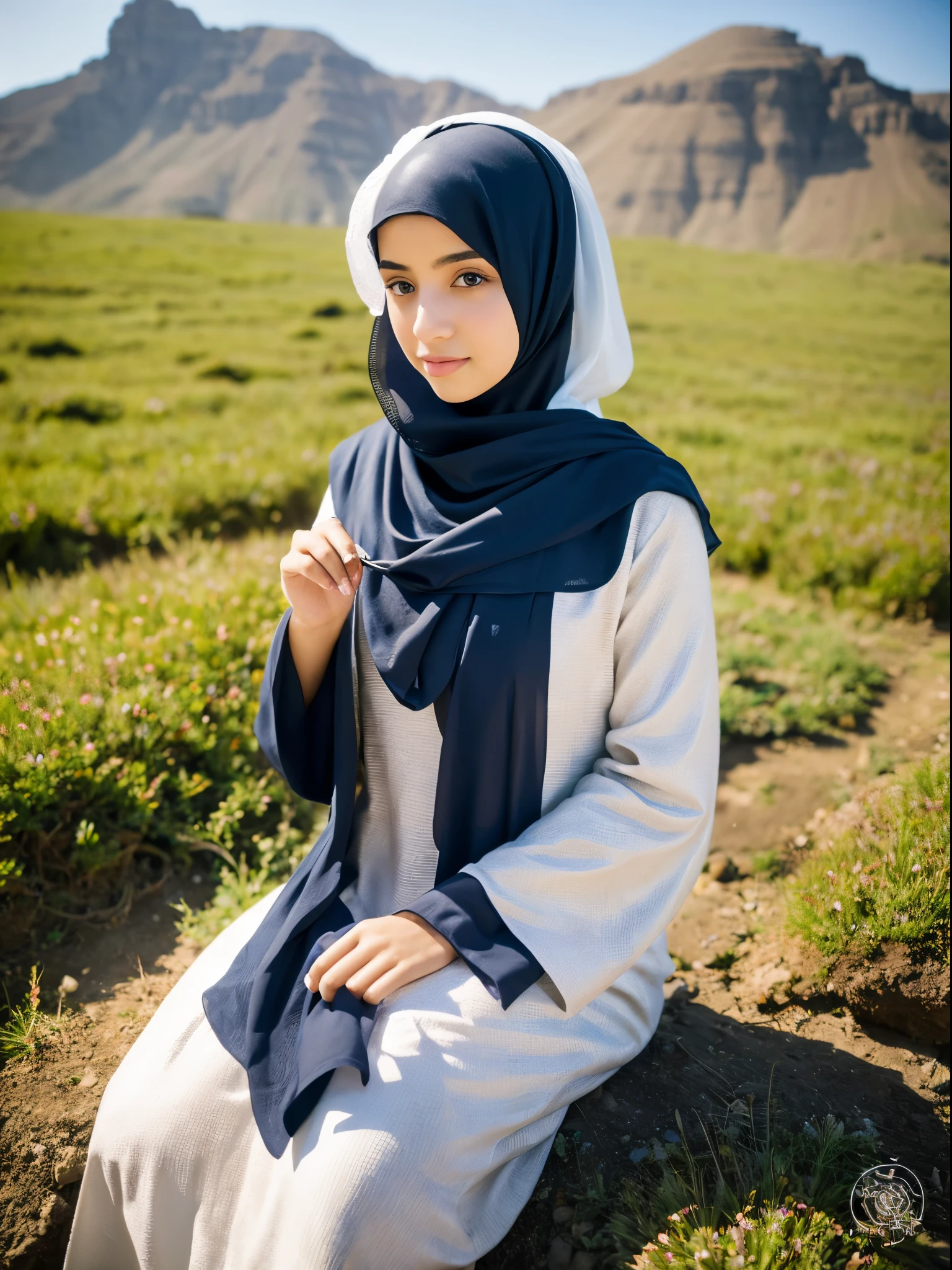 middle eastern girl, hijab, gamis, mountain