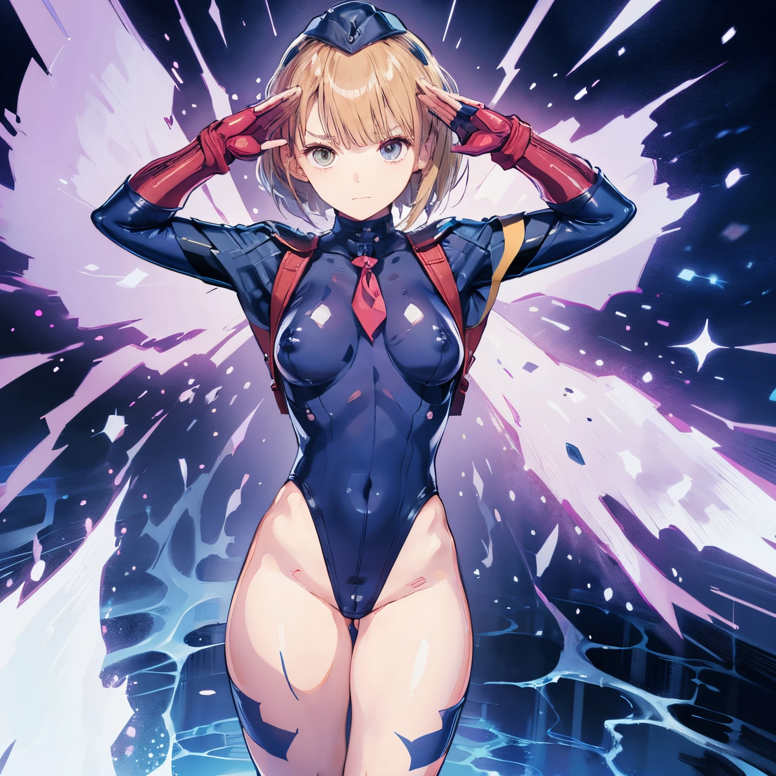 Masterpiece, Best Quality, Highly detailed, illustration, absurdres, street fighter, doll suit, shadaloo doll, nazi saluting, military, military saluting, salute, 1 girl, solo, expressionless, emotionless eyes, looking at viewer, red gloves, emotionless, black latex, corrution, zofa suit, zofa soldier, mind control, female combatant, full body, hypnotized, standing, standing at attention, unhappy trance, full body suit, blue reflection, hinako shirai, blonde hair, blue eyes, Heterochromia, wing