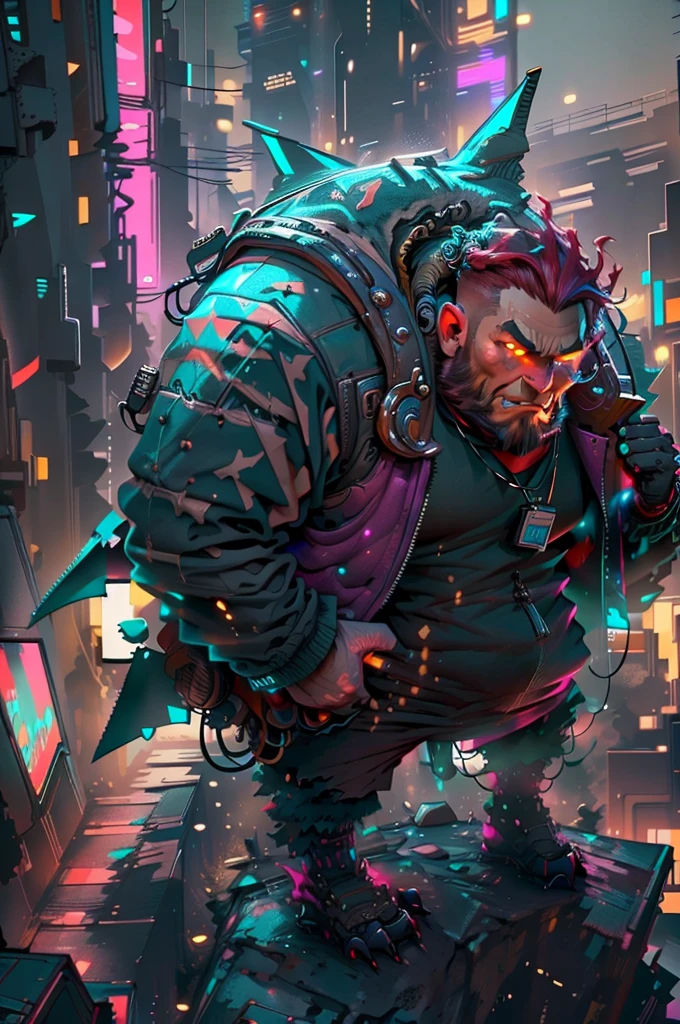 Extremely long shot, Shot from a high angle, character Carlson shark man with an airplane propeller on his back, corpulent physique, big belly and cheeks, red hair, Wearing a leather vest, mechanical leg, mechanical prosthetic hand, Cyberpunk style, flying over the night city with cyberpunk skyscrapers, super fast lens, pink and green neon, character Astrid Lindgren, hbo cinematic channel, Highly detailed, 8K, free flight scene, It's raining