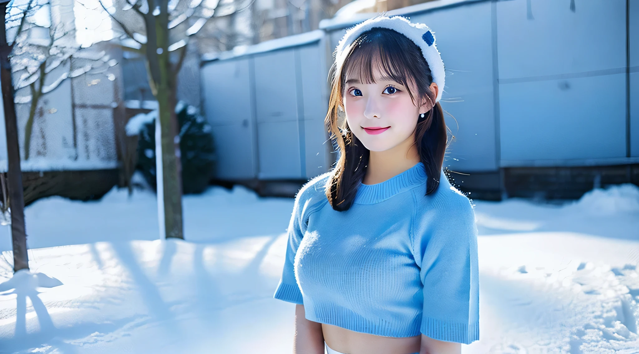 Cute 18 year old cheerleader wearing a light blue miniskirt、The background is snow outdoors