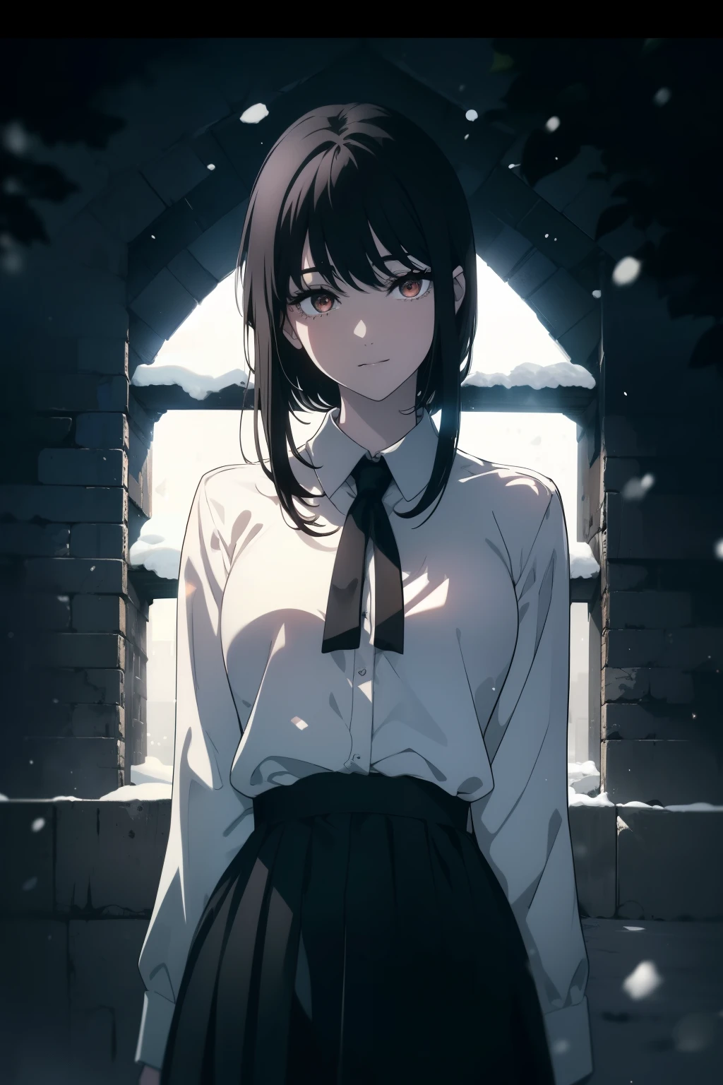 (Obra maestra, La mejor calidad, ultrahigh resolution), 1girl, standing, school uniform, white office shirt, black pleated skirt, (((black hair, dark black hair))), long hair cut, pale skin, ((brown eyes)), glowing_eyes, neon eyes, (ultra detailed eyes:0.7, beautiful and detailed face, detailed eyes:0.9), ((centered)), smile, ((wide shot)), facing viewer, eye level, ((vibrant background, snowy landscape, cityscape, snowing, snow)), flat chested, looking at viewer, ((half closed eyes)), ((perfect hands)), (((head:1, arms, hips, elbows, in view))), ((hands behind back)), empty eyes, beautiful lighting, outside, outdoors, background, defined subject, 25 years old, (head tilt), ((pretty))