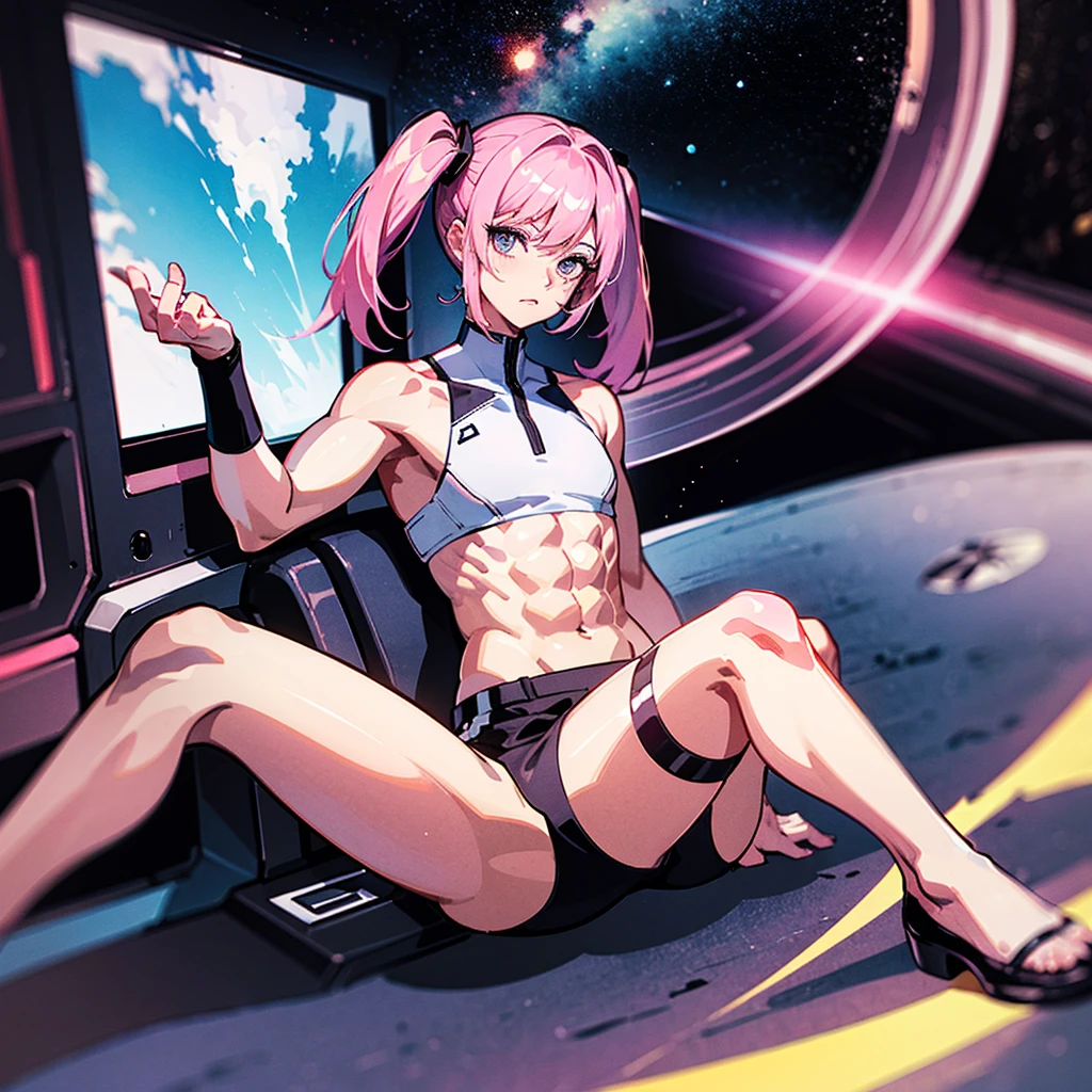 (((masterpiece)))、(((Top image quality)))、(((top-quality)))、((Illustration of one adult))、((25-years old))、((25-years old))、(((The face is a woman、The body is a man)))、(((Twintails with pink hair)))、Light gray eyes、((Tall))、((Flat))、((Muscular strong man's body))、((Muscular strong man's body))、(((solid chest)))、((muscular chest plate))、abdominals、((muscular and thick arms))、((muscular and thick legs))、((manspreading))、(((White pilot suit)))、((Sitting in the cockpit))、(The Universe on the Monitor、Earth seen from space、Spaceport)