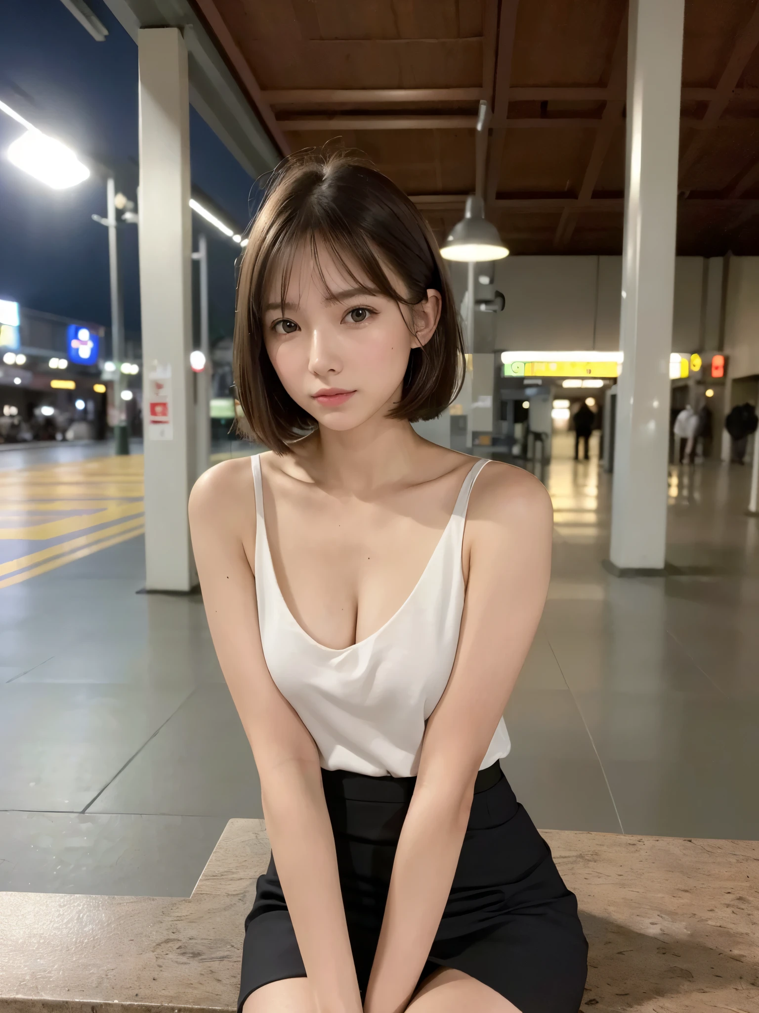 ((top quality, 8k, masterpiece: 1.3, raw photo)), Sharp Focus: 1.2, (SOLO), (1 aespa girl: 1.2), (Realistic, Photorealistic: 1.37), (face focus: 1.1), cute face, small breasts, flat chest, short messy hair, nude, Beautiful Woman sitting the terminal station platform Under Lamp Light, cinematic night lighting, thigh, (business skirt: 1.1)