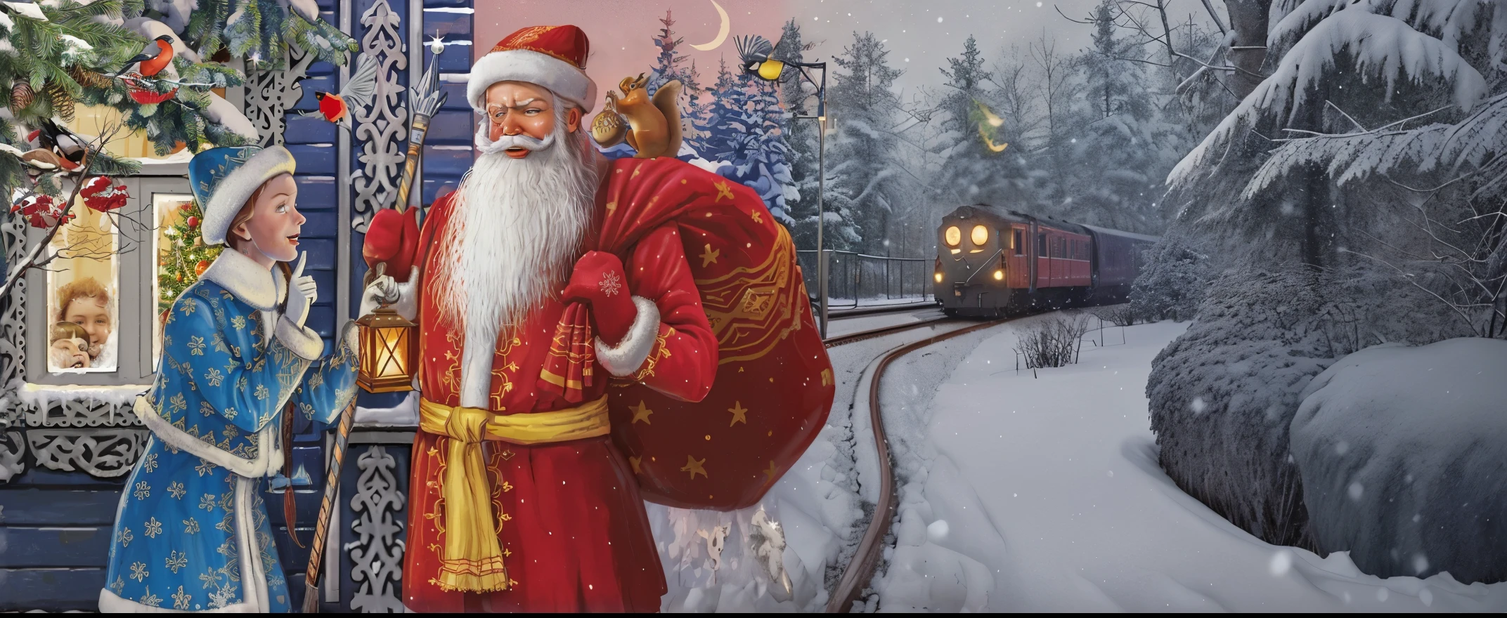 Finish the forest, snowing, snowflakes, magic, railway