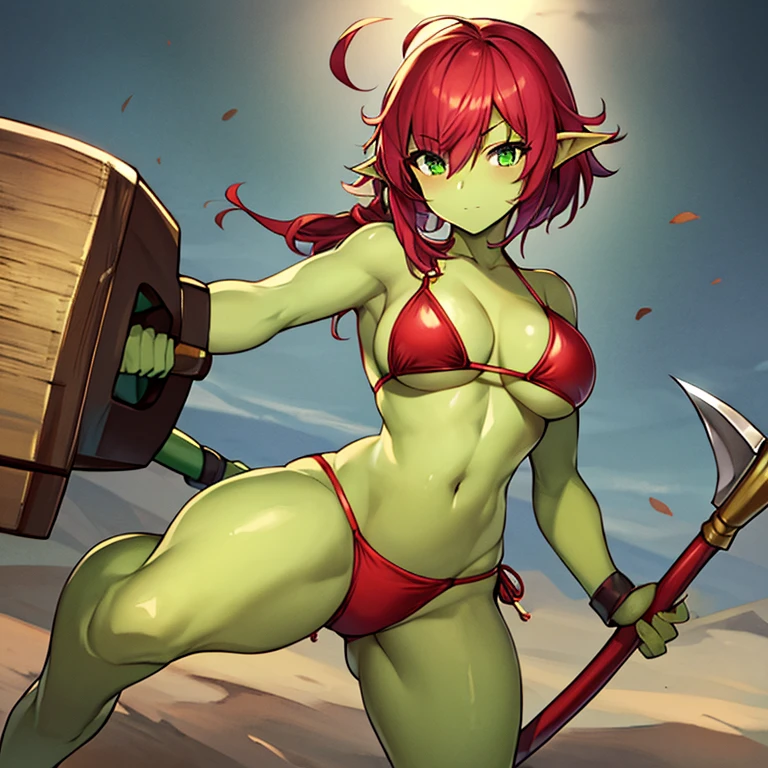 Solo,female goblin,green skin, short stack, short red messy hair, leather bikini armour, holding axe, standing, legs spread, masterpiece high-quality