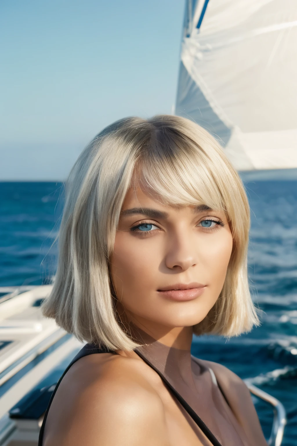 a portrait of a beautiful women with a bob cut and silver hair, perfect eyes, standing on a yacht, professional photography, taken by highest resolution hasselblad camera 50, kodak 400 --s 2