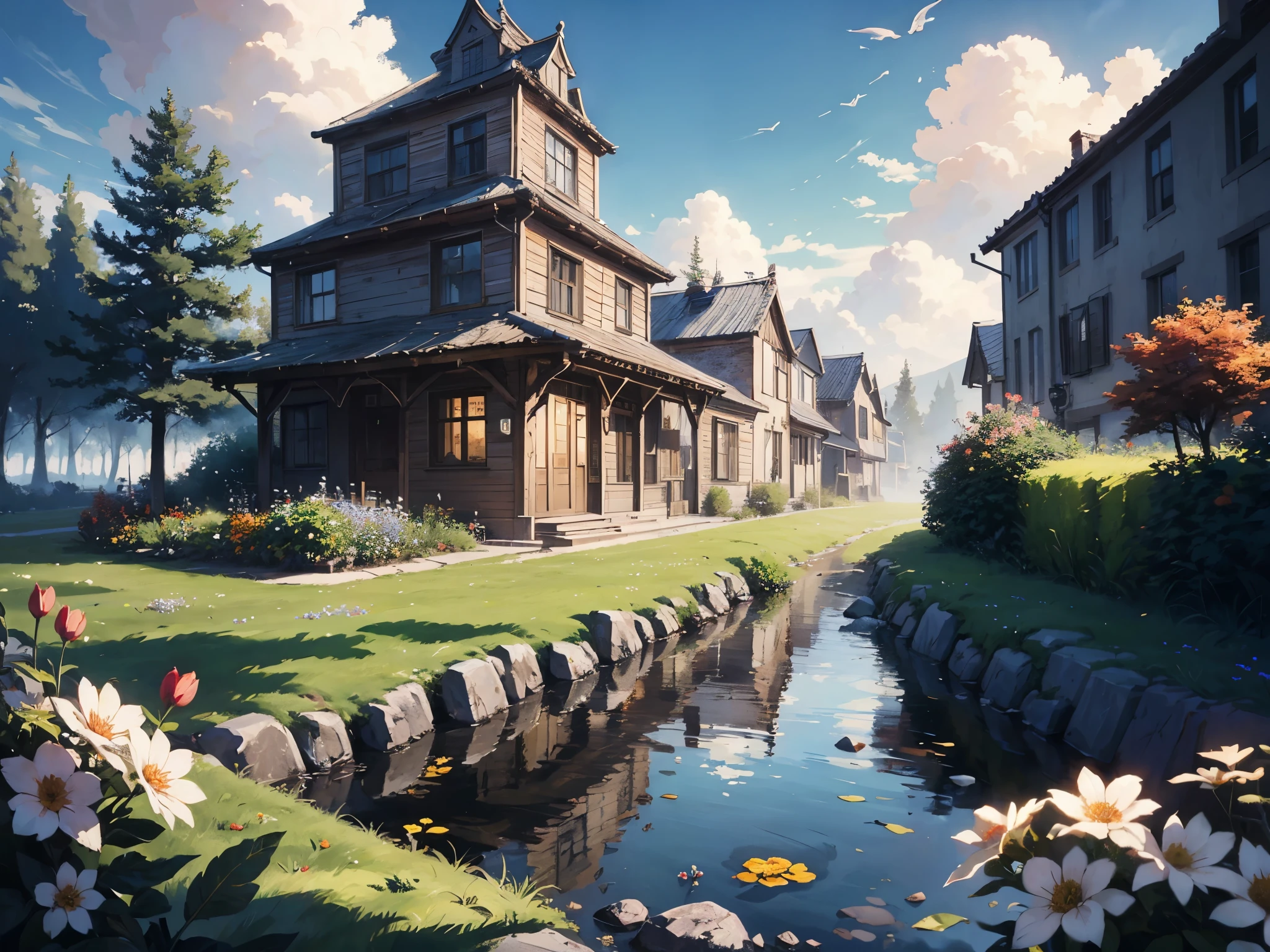 excellent oil painting of a landscape, vibrant colors, powerfull style with epic dramatism, small willage, mistery land, best quality, maximum quality, intricate details, ultrasahrp, ambient oclusion, realistic shadows, art by Bastien Lecouffe Deharme, 8k, oil art, 8k perfect quality, dramatic magic wind with blowing leafs and flowers
