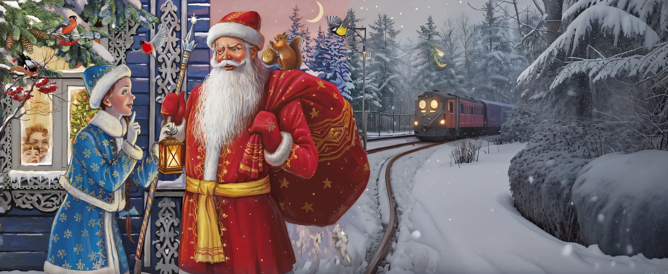 Finish the forest, snowing, snowflakes, Magic, railway