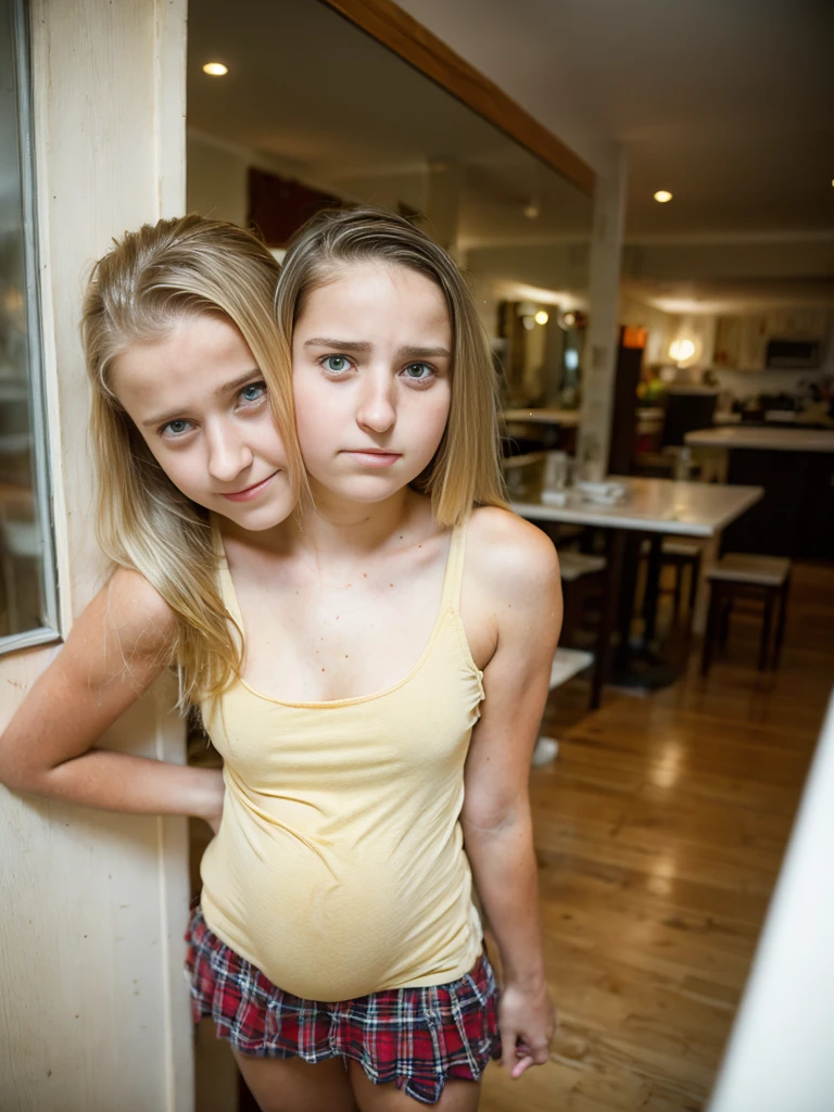 2heads, two headed girl, ( girl and a 15 year old (a blonde and a brunette:1.3), (uncomfortable and annoyed:1.3), pregnant