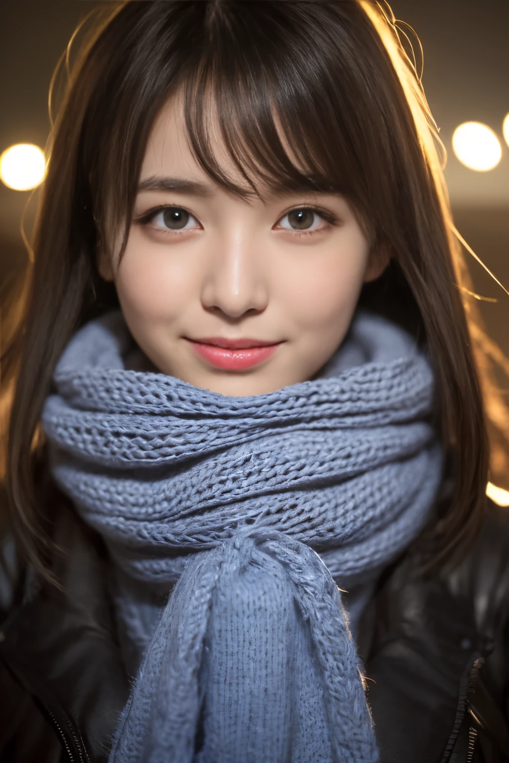 ((Show face only、Close-up of face、no-makeup))、(realisitic、Photorealsitic、ultra-detailliert、Highest Details Skins、top-quality、masterpiece、超A high resolution)、cute dutch woman、Blue eyes、Gray ash hair、17 age、younggirl、1 girl in、I have bangs、二重まぶた、drooing eyes、Bigger eyes、ssmile、Charming、double tooth、View here、realisiticな肌質、Thick muffler、Grey muffler、fluffy hair、((Hair is inside the scarf:1.3))、Red cheeks、The wind is blowing、illuminations、Lighting from behind