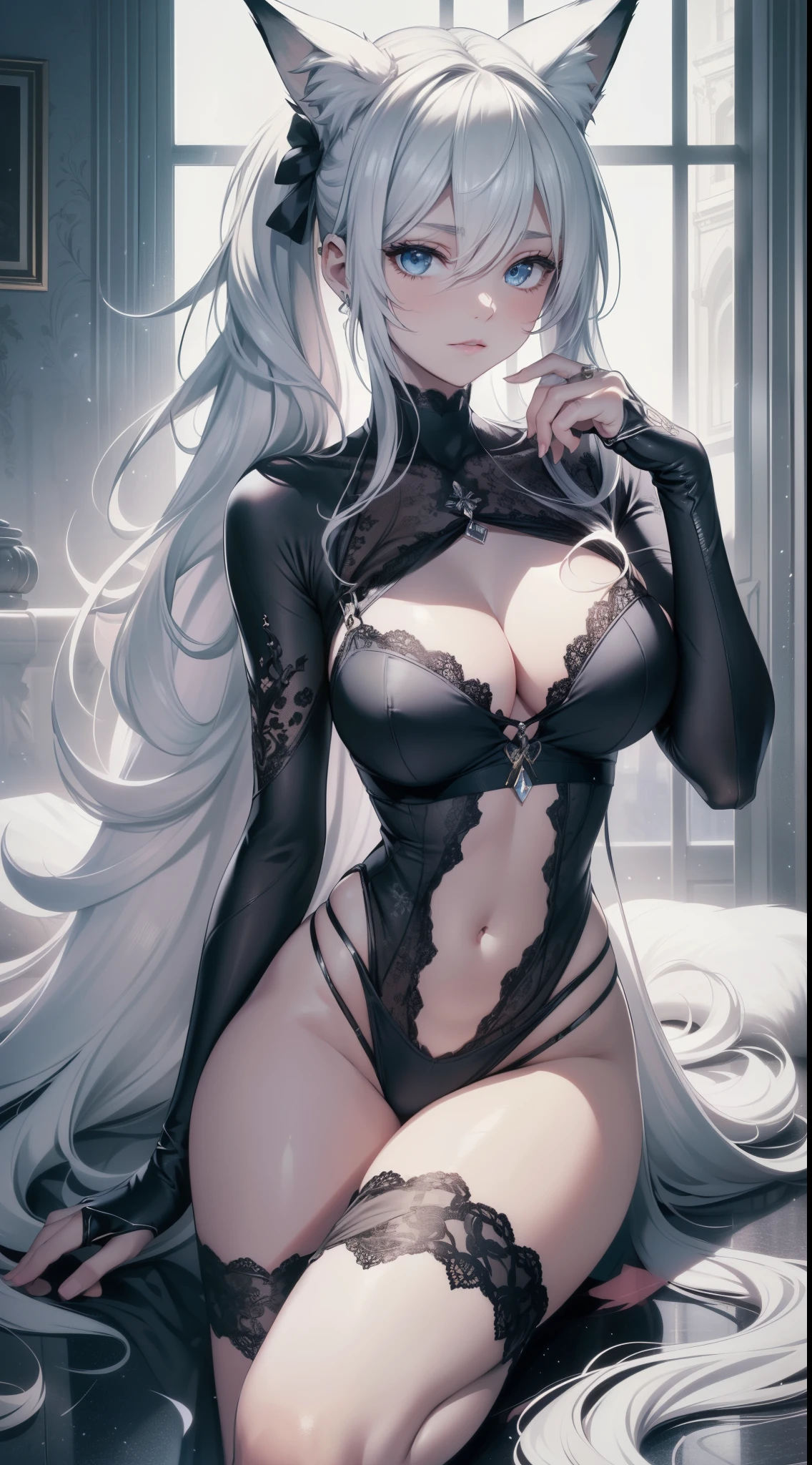 snowing, winter season, christmas season, full bodyesbian, masterpiece, (bend at the waist, Best quality at best, official art, Very detailed CG 8k wallpaper, (flying petal)(Detailed ), Crystal texture of the skin, Grim expression, (fox ear), white hair, long white hair, messy hair, eBlue eyes, Medium breasts, looking at viewer, Hands are truly optimized, The foot truly and reasonably optimized, very fine and beautiful, A high resolution, (Underwear lace, Silky), Navel-baring, Sling pajamas black silk, Strangle leg rings, close-up on legs, Unilateral ponytail with very long white hair, Flushed face, Lie down, lots of resolution, Close-up of the hand, The lines are clear and realistic, photograph realistic, best quality, tmasterpiece, Extremely refined and beautiful, extremely details, CG 8K, Amazing Cleavage, finely detailed, tmasterpiece, Best quality at best, extremely detailed CG unity 8k wallpaper,