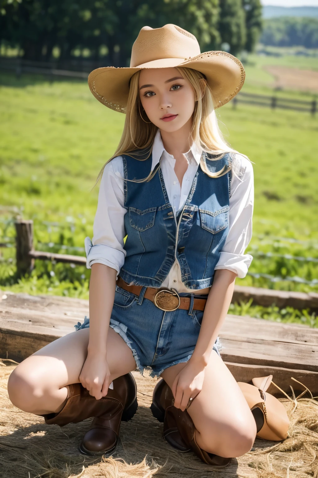 ((1 girl takes care of the farm))，(((cowgirl outfit))),(((Wear low-rise denim shorts and long western boots))),(((sit down and raise your knees))),(((wear a western hat))),(((wear a belt))),(((Wear a leather vest and a plaid front knot shirt))),(((Public area display))),(((Her hair is blonde))),ulzzang-6500-v1.1, (RAW photos:1.2), (Live photos:1.4), a beautiful detailed girl, Extremely detailed eyes and face, beautidful eyes, (((The background is the farm，several cowarm land)))，ultra - detailed, A high resolution, quality, tmasterpiece, The content is very detailed, 8k wallpaper, Wonderful, Detailed pubic hair, quality, There is light on the face,电影灯光,