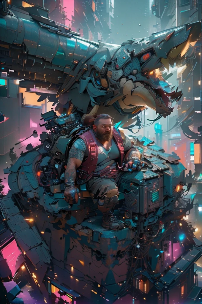 Extremely long shot, Shooting from a high angle, character Carlson shark man with an airplane propeller on his back, Physically obese, big belly and cheeks, red hair, Wearing a leather vest, mechanical leg, mechanical prosthetic hand, Cyberpunk style, flying over the night city with skyscrapers in cyberpunk style, super fast lens, pink and green neon, character Astrid Lindgren, hbo cinematic channel, Highly detailed, 8K, free flight scene, It's raining