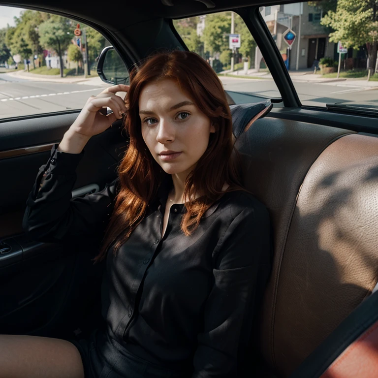 Create a realistic photo of a red-haired woman with the same face as this photo, wearing a black blouse, taking a selfie in a car, in the sun, on the road, on a trip.