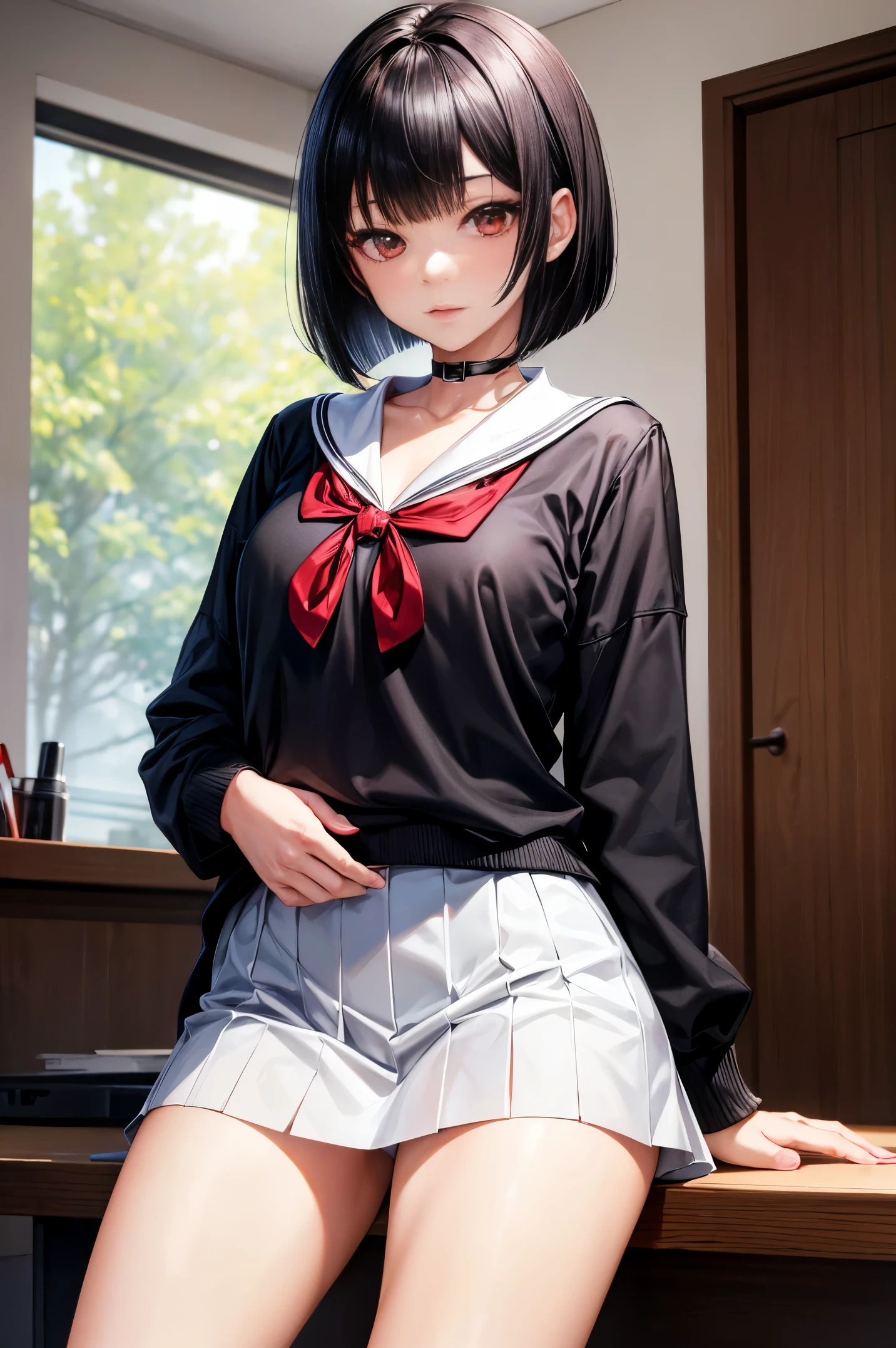 masutepiece,Best Quality,Highly detailed,1girl in,student clothes、Black Hair Bob,Red Eyes,