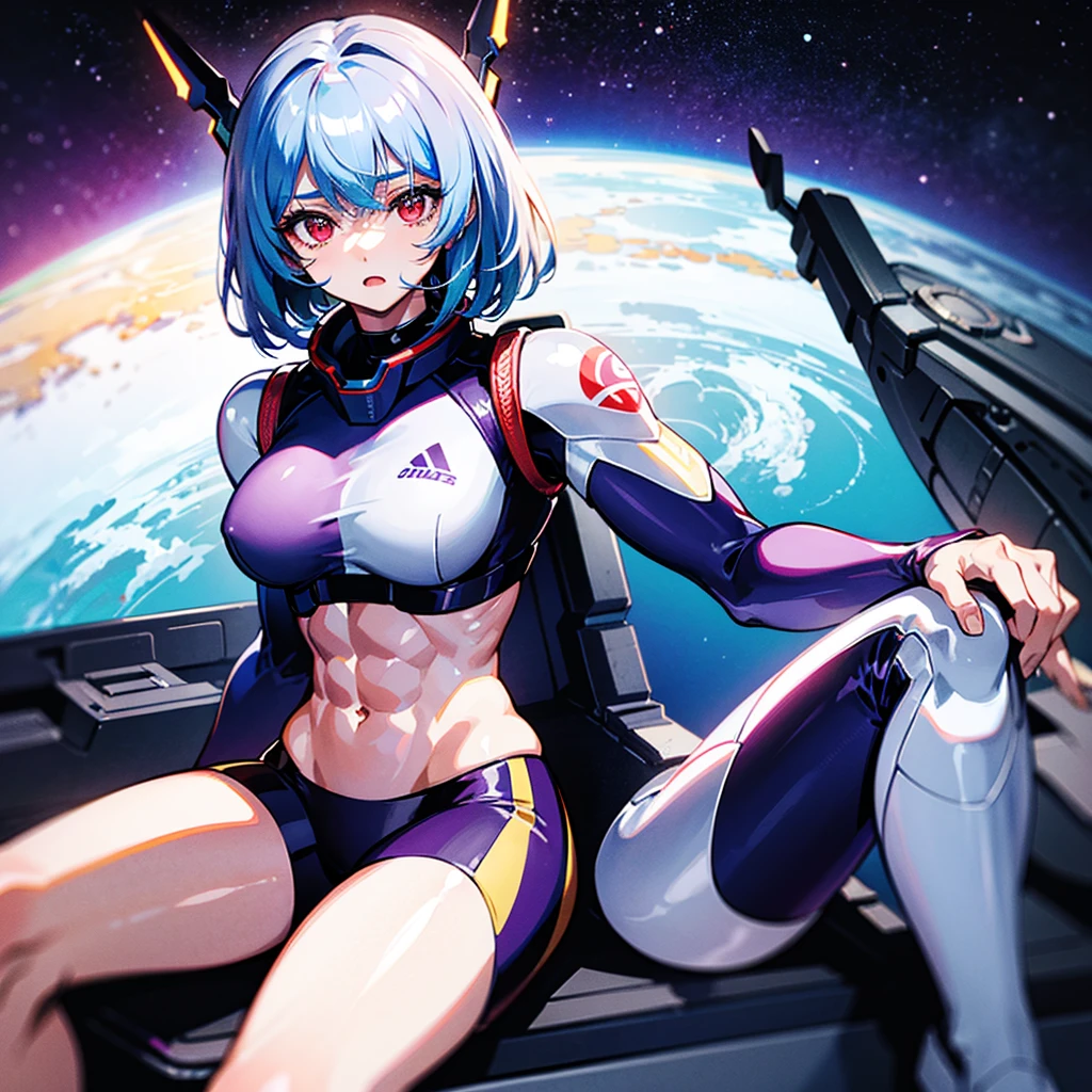 （（（​masterpiece）））、（（（Top image quality）））、（（（top-quality）））、（（Illustration of one girl））、（（（Muscle Girl）））、（（（blue silver short hair）））、Red eyes、（（Tall））、（（（Muscular and strong body）））、（（abdominals））、（（muscular and thick arms））、（（muscular and thick legs））、（stocky build）、（muscular legs）、（broad shoulders）、（（manspreading））、（（（White pilot suit）））、（（Sitting in the cockpit））、（The Universe on the Monitor、Earth seen from space、Spaceport）