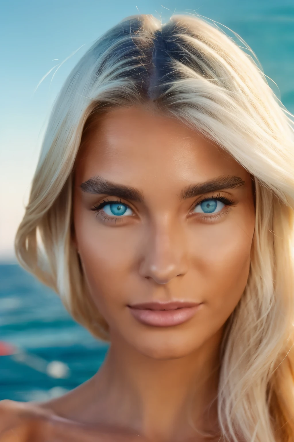 a portrait of a beautiful women with ombre hair color, perfect eyes, standing on a yacht, professional photography, taken by highest resolution hasselblad camera 50, kodak 400 --s 2