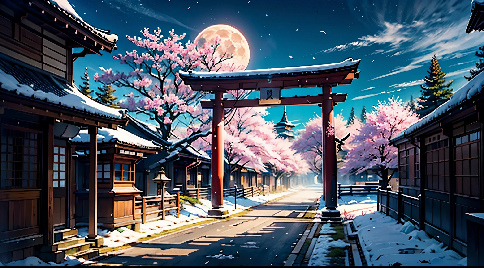 Best Quality、masutepiece、8K、Landscape painting、torii gate、(Sakura blizzard、springtime)、fullmoon