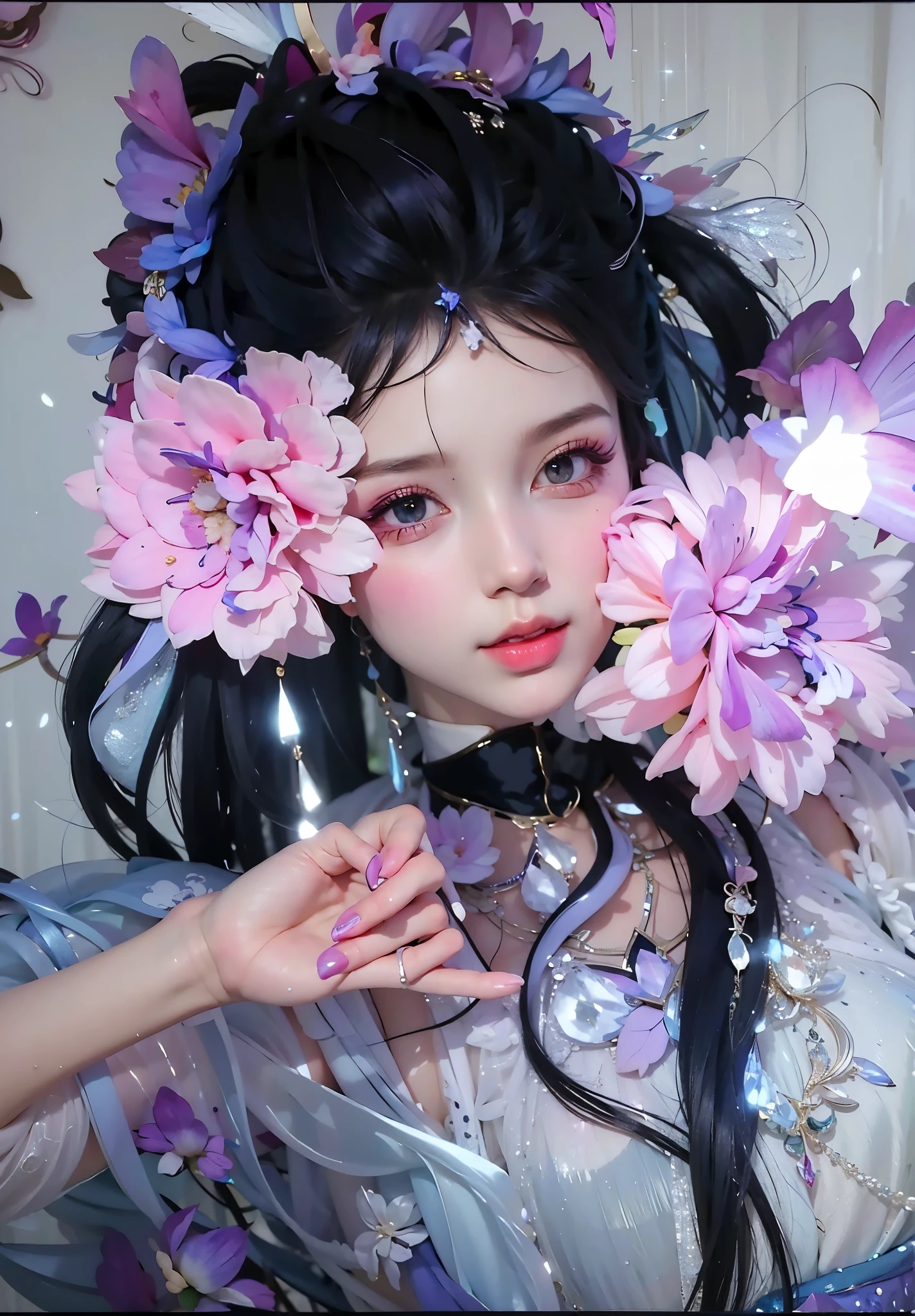 1 flower demon，There was a woman with flowers in her hair，Holding a flower in hand, Fairy tale core, Ethereal flowerpunk, guweiz, her face looks like an orchid, Guviz-style artwork, Central Plains Universe, Ethereal beauty, fantasy aesthetic!, Ethereal!!! hyper realisitc, 🌺 CG, very aesthetic!!!!!!, Her face is a purple flower