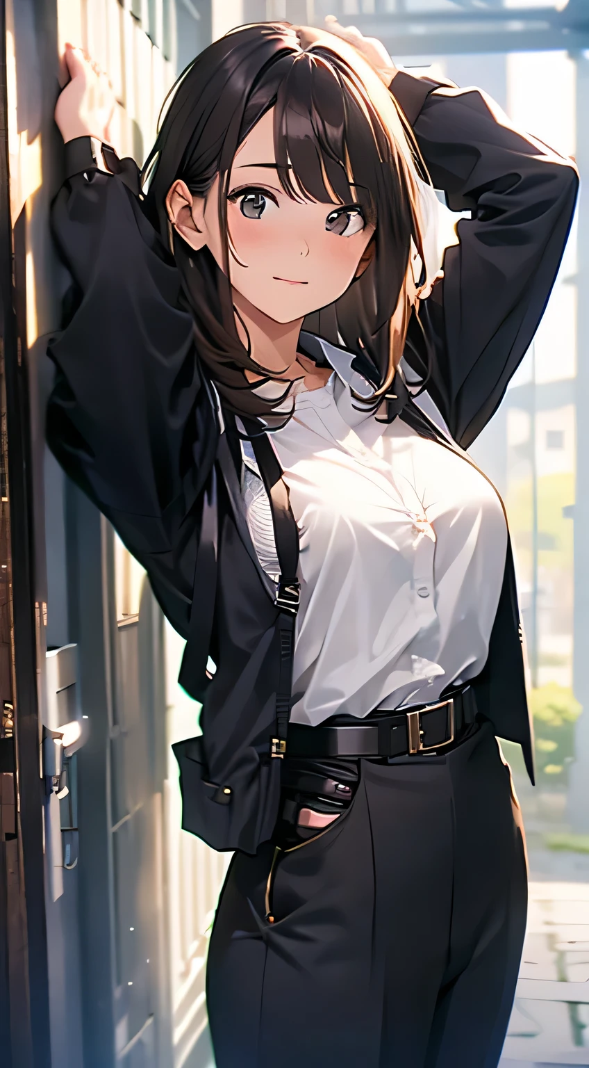 Brown hair、watching at viewers　　　black suspenders　　　bulging big tits　　 　 　　　walls: 　　　　　　Gaze　　　a small face　bangss 　　　holster　　　Beautuful Women　　Hands up　　レッグholster ベッドに横たわる　　Gaze 　black suits　Cutter shirt　校服　OL　salaryman　　Provocation　flank　flank汗　Soio 　arms are　　White belt