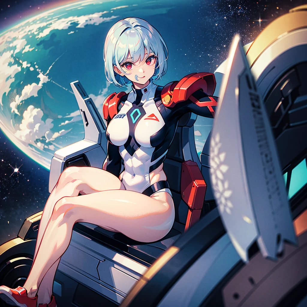 (((masterpiece)))、(((Top image quality)))、(((top-quality)))、((Illustration of one girl))、(((Muscle Girl)))、(((blue silver short hair)))、Red eyes、((Tall))、(((Muscular and strong body)))、((abdominals))、((muscular and thick arms))、((muscular and thick legs))、(stocky build)、(muscular legs)、(broad shoulders)、((manspreading))、(((White pilot suit)))、((Sitting in the cockpit))、(The Universe on the Monitor、Earth seen from space、Spaceport)